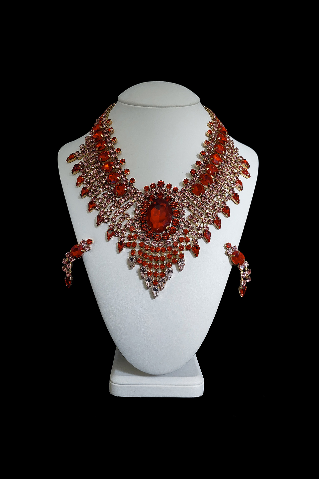 Red vintage necklace and earrings set God´s Eye