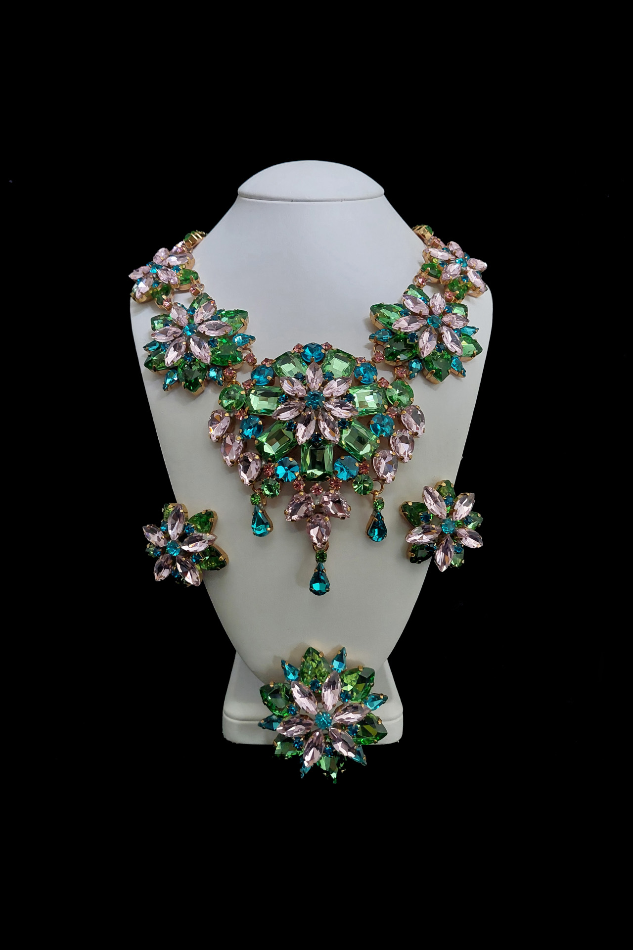 Multicolor crystals earrings, brooche and necklace set Blossom