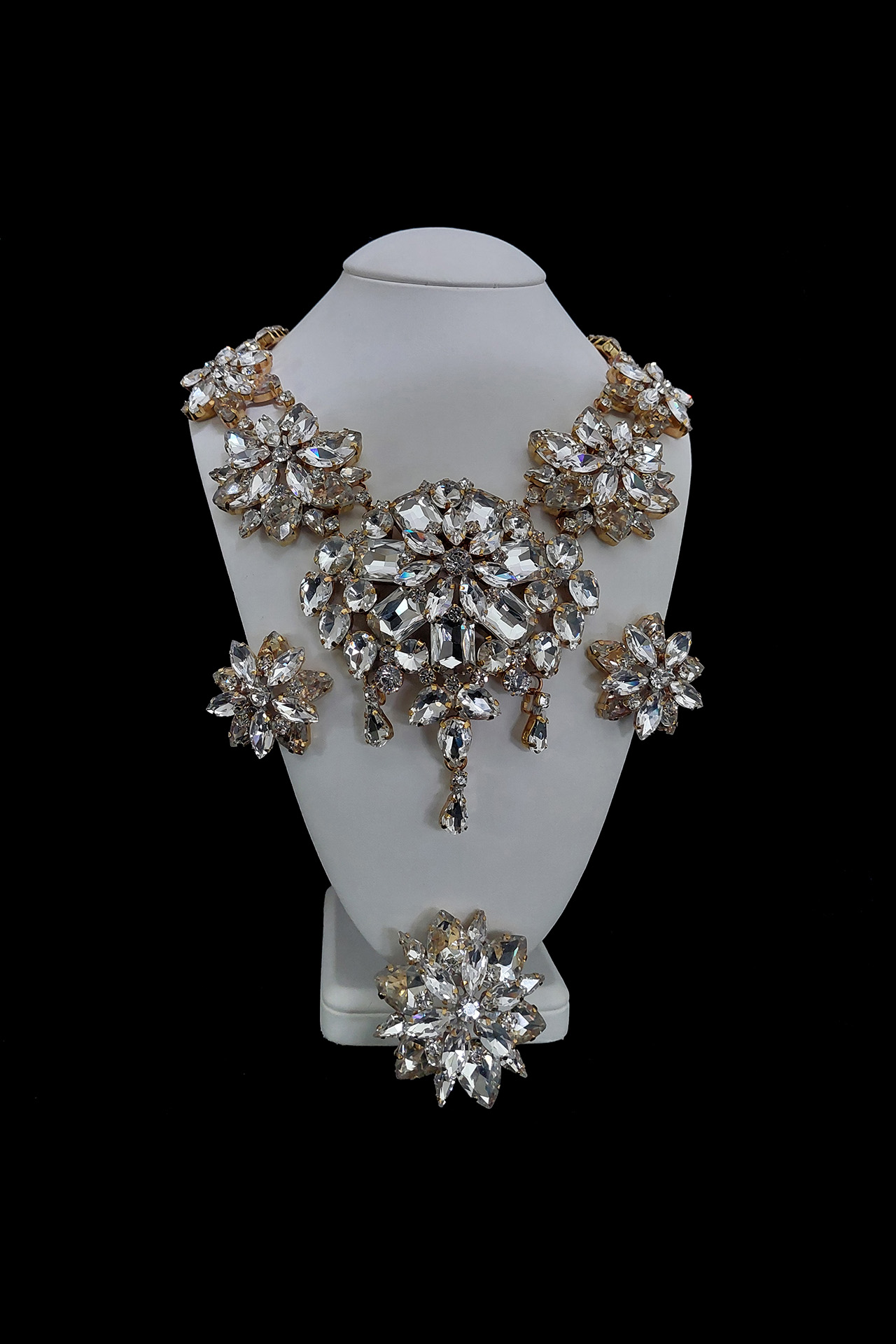 Crystals clear earrings, brooche and necklace set Blossom