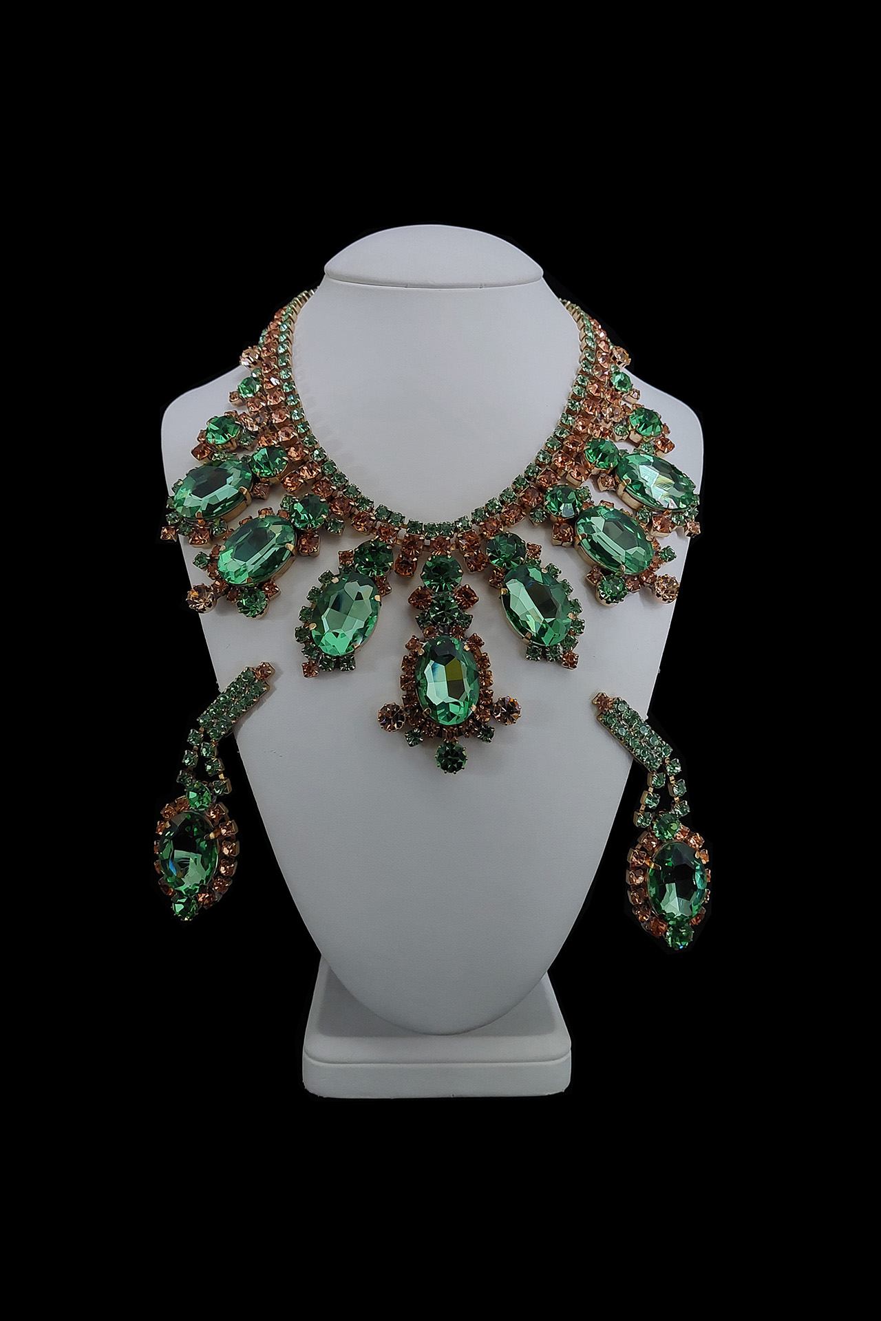 Handmade earrings and necklace from gold and peridot rhinestones