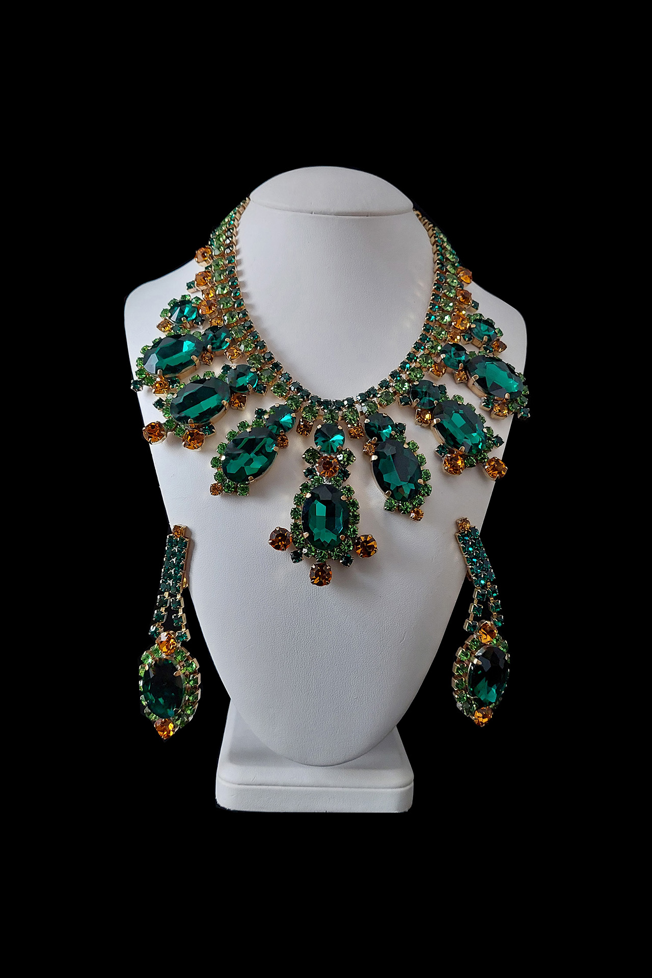 Handmade earrings and necklace from green emerald rhinestones