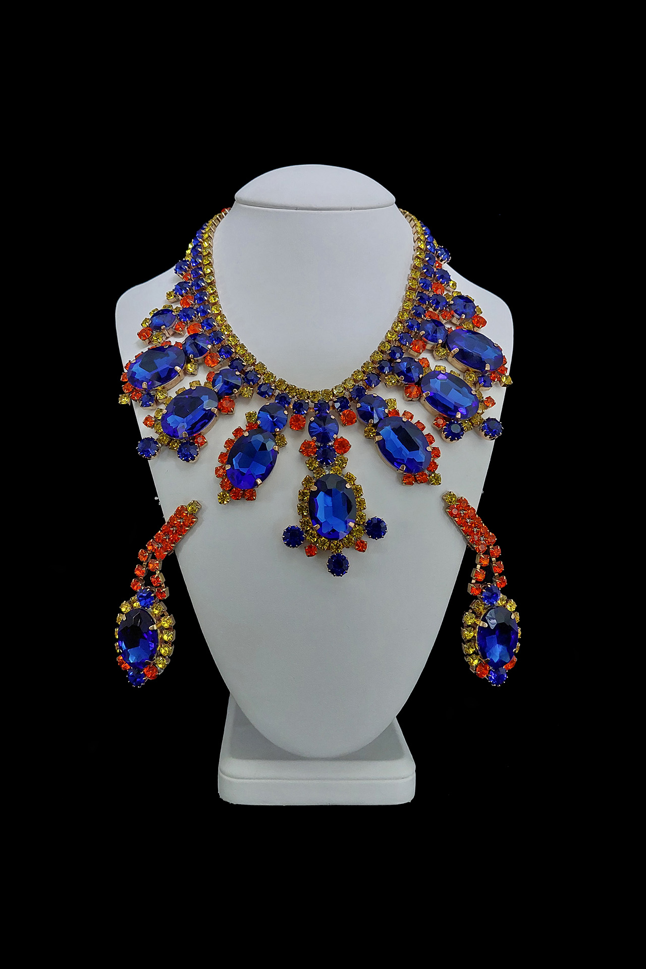 Handmade earrings and necklace from sapphire blue rhinestones