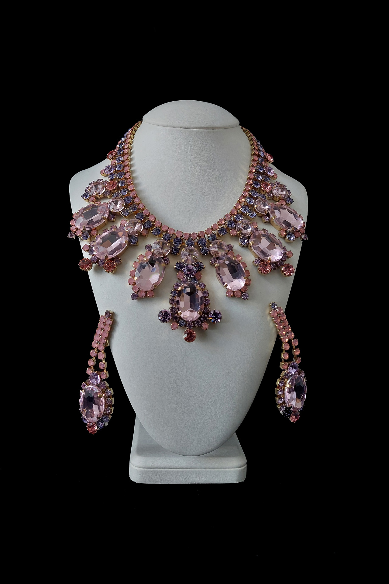 Handmade earrings and necklace from pink rhinestones