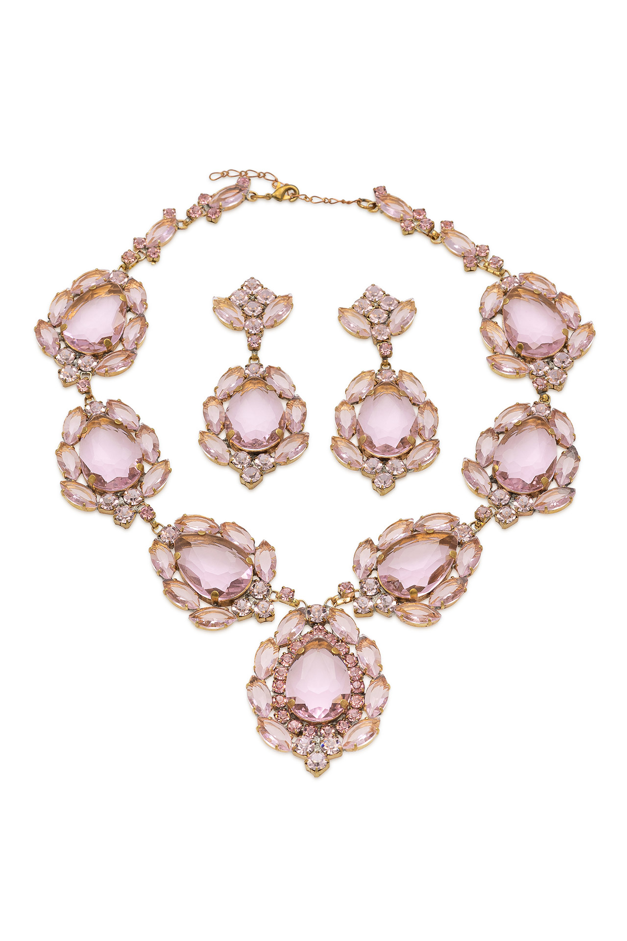 Pink Rhinestone necklace and earrings with oval pink crystals