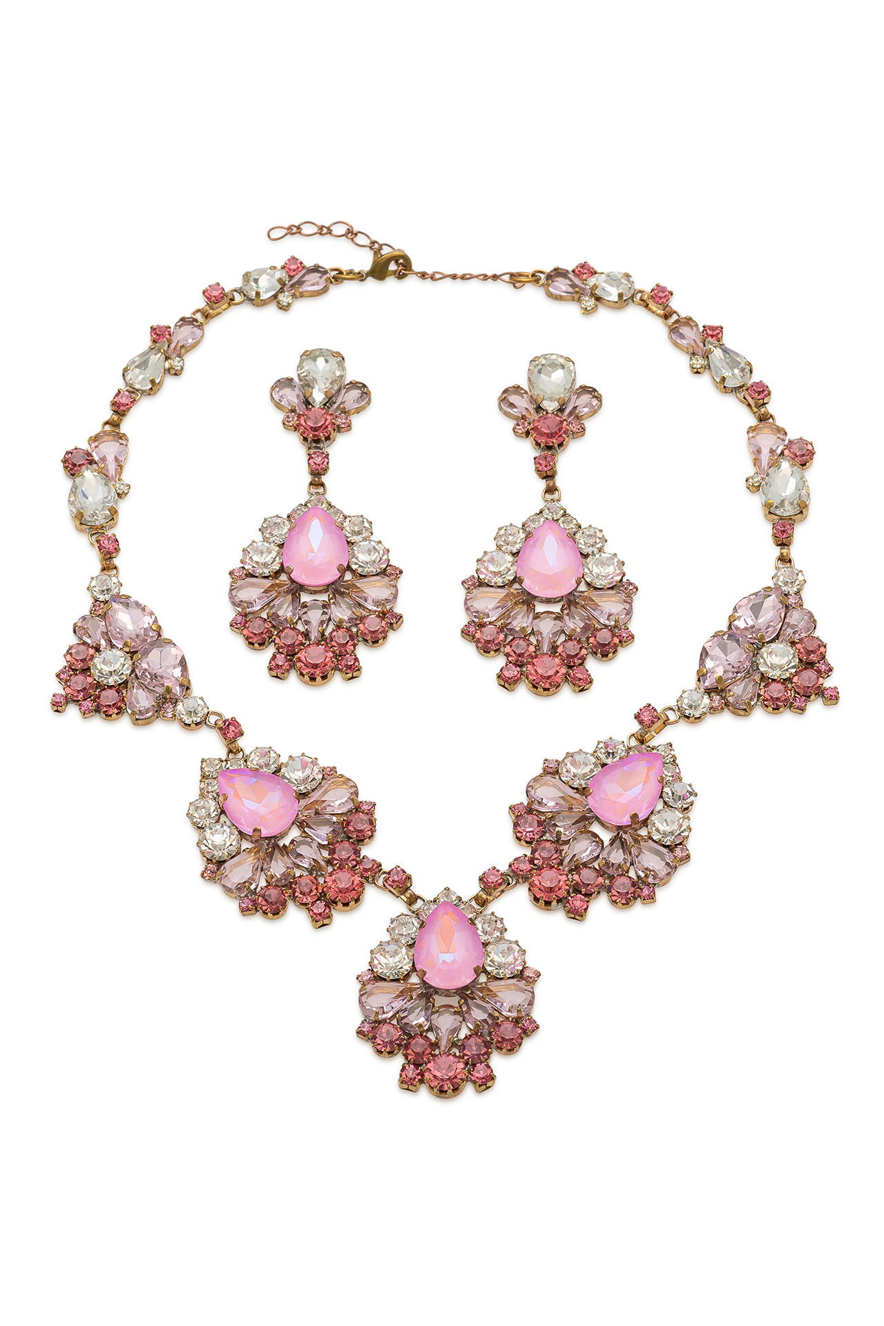 Pink rhinestone jewelry set – necklace and earrings in gold-tone metal