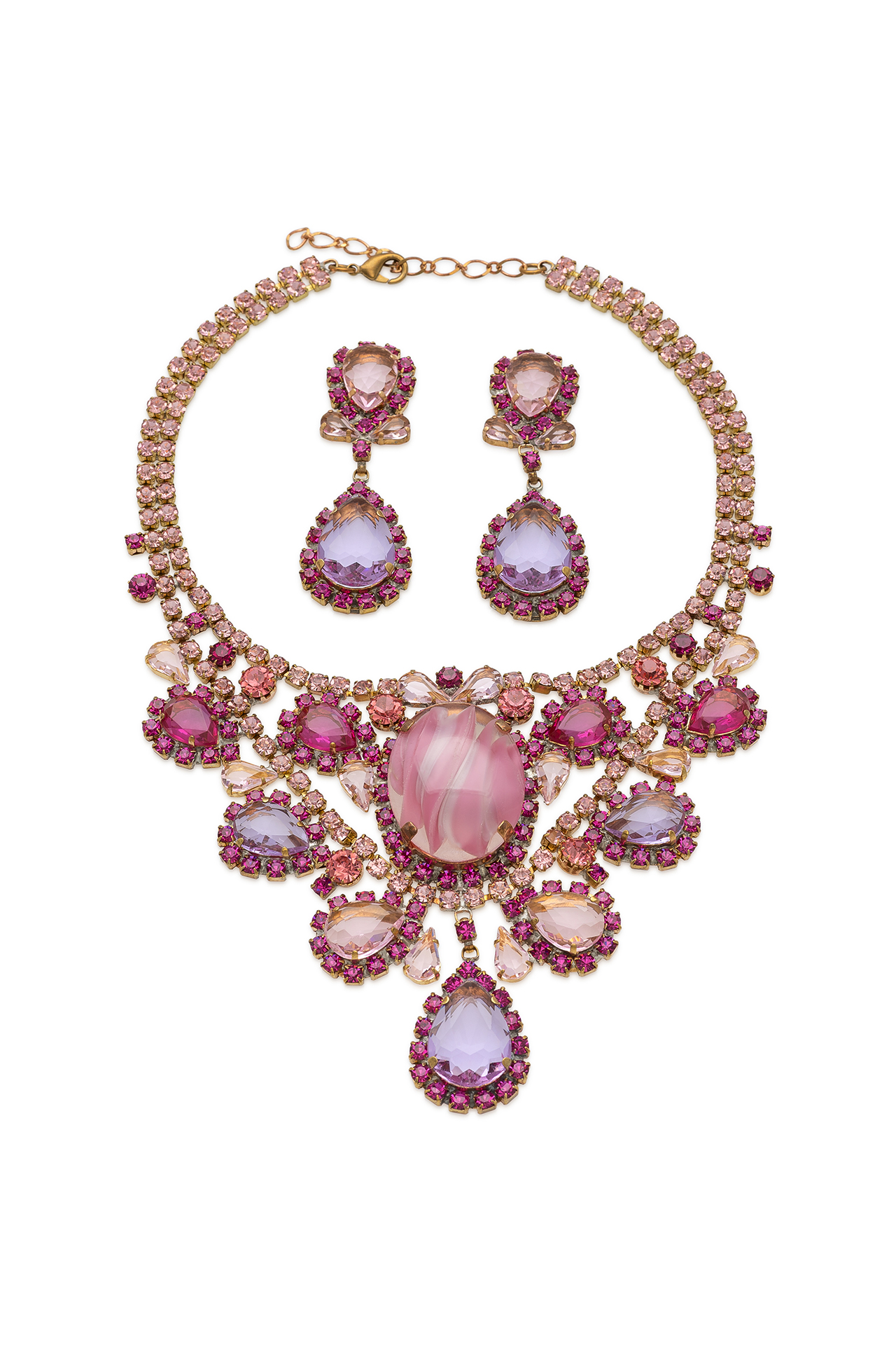 Pink rhinestone jewelry set – necklace and earrings in gold-tone metal