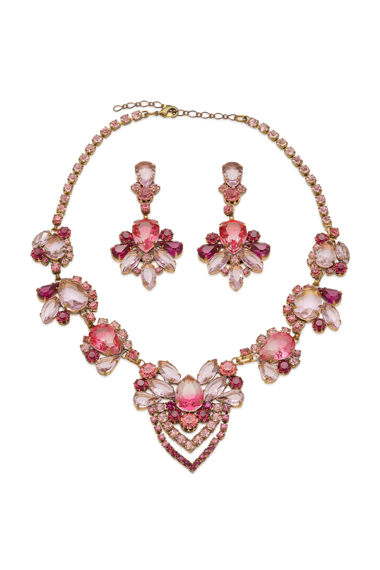 Set of rhinestone necklace and earrings with pink crystals