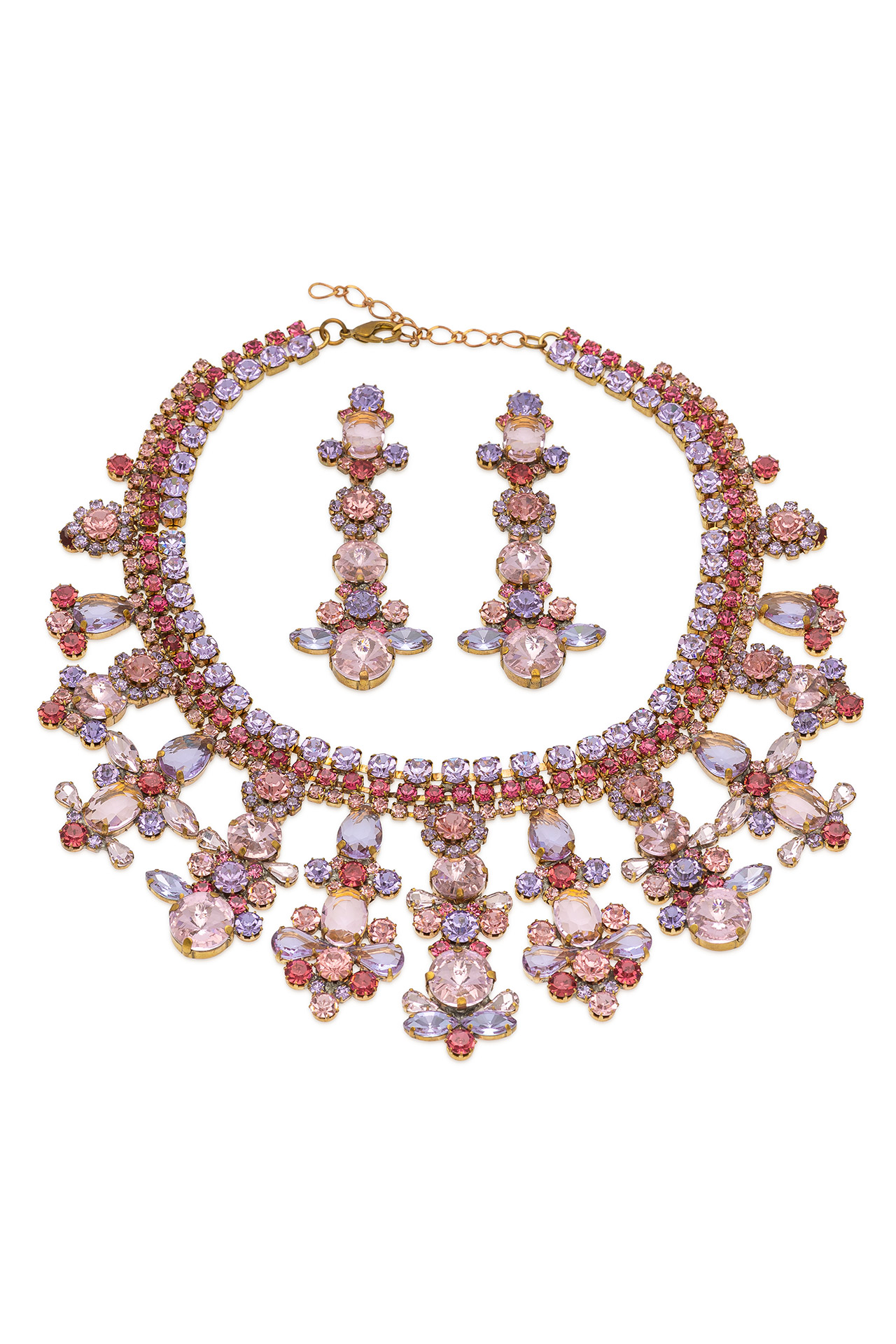 Rhinestone necklace and earrings with pink and violet crystals