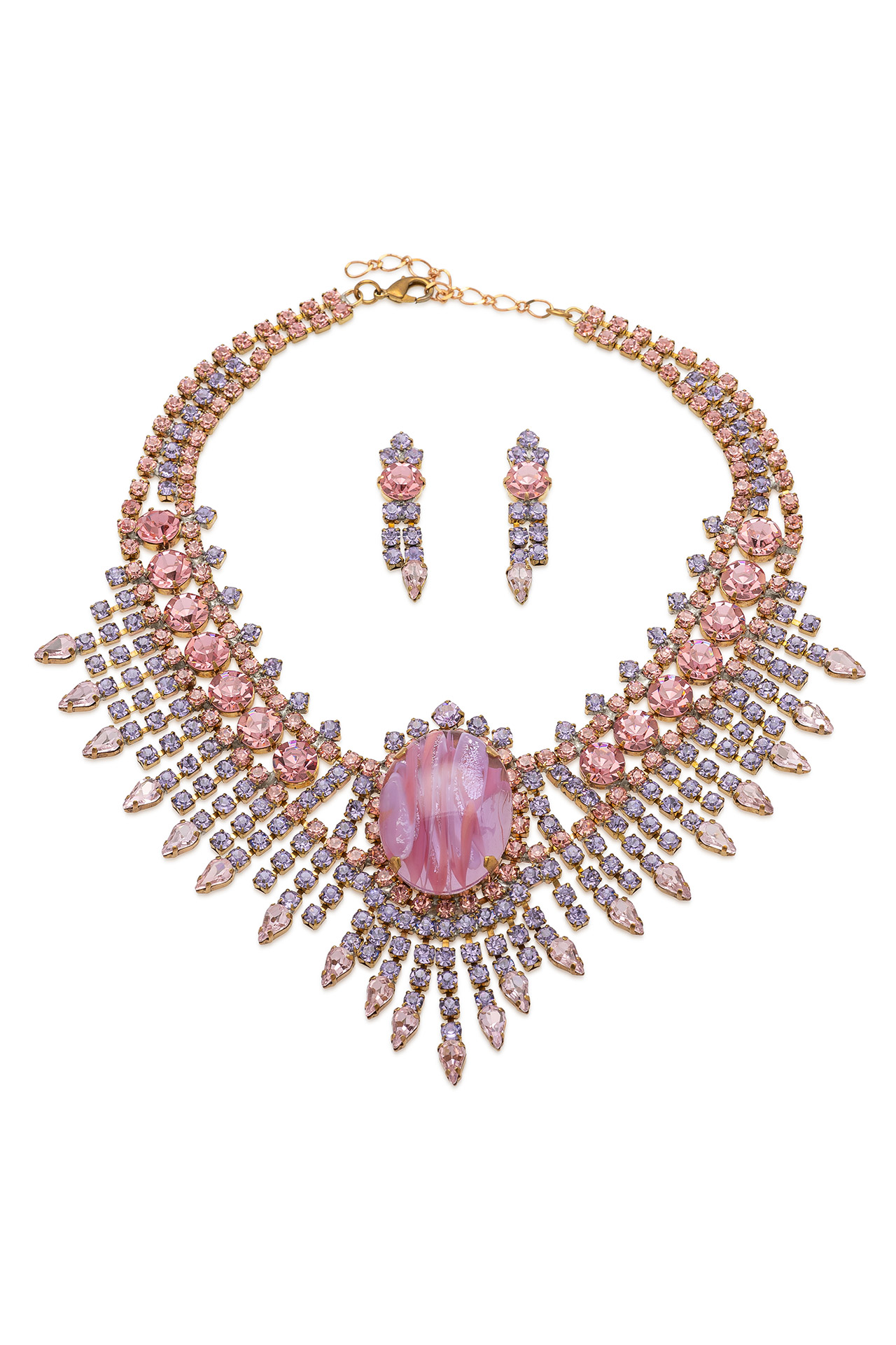 Necklace and earring set with pink rhinestones - God´s Eye