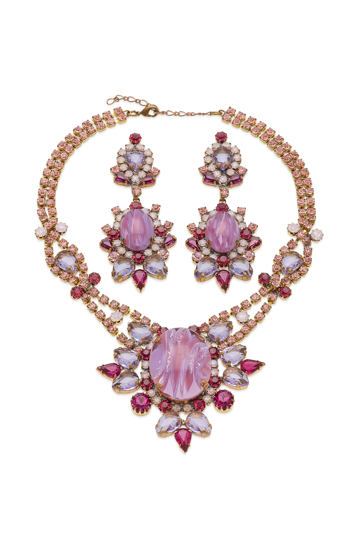 Pink rhinestone necklace and earrings in floral motif
