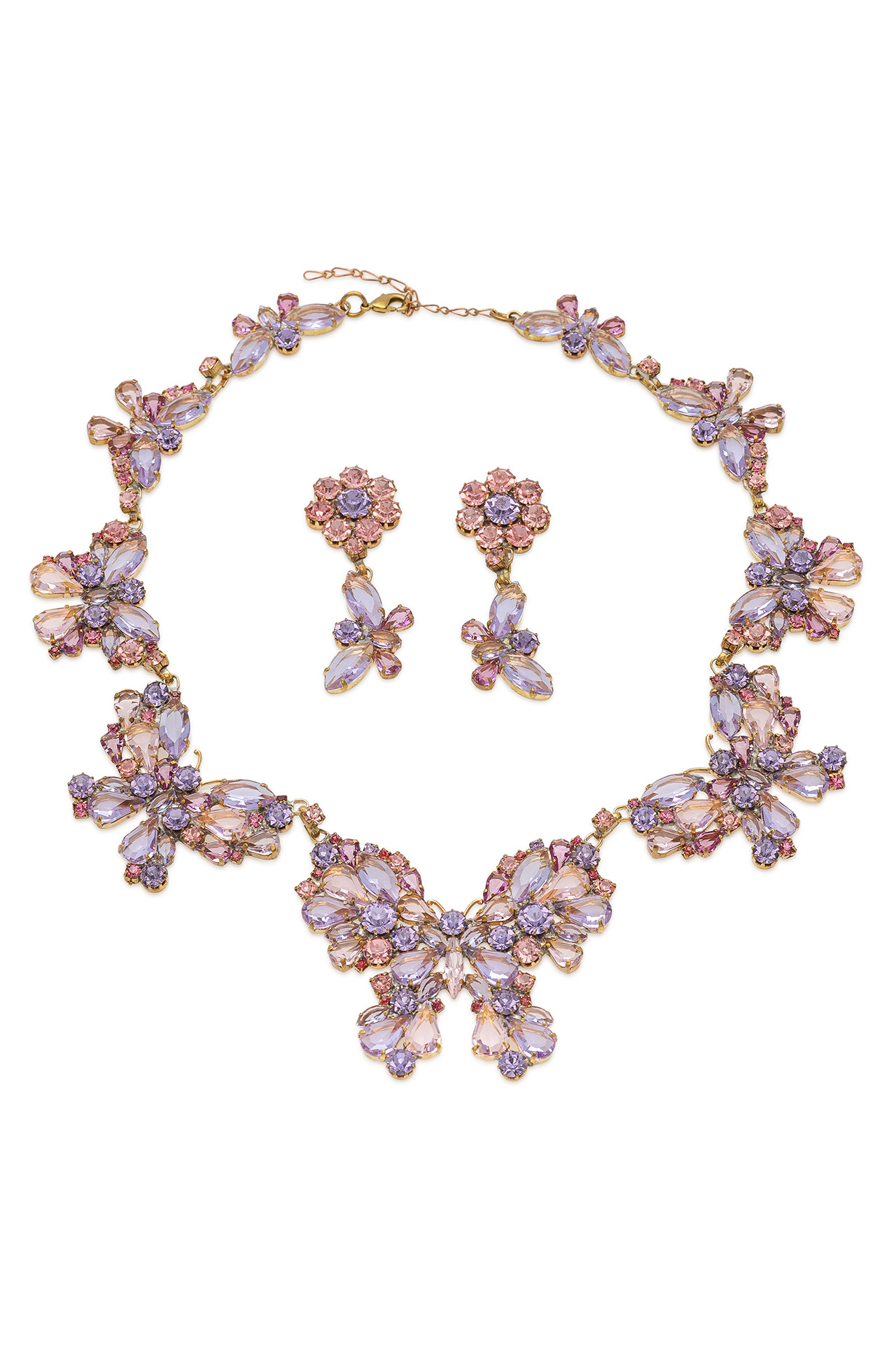Necklace and earrings featuring butterflies made of pink rhinestones