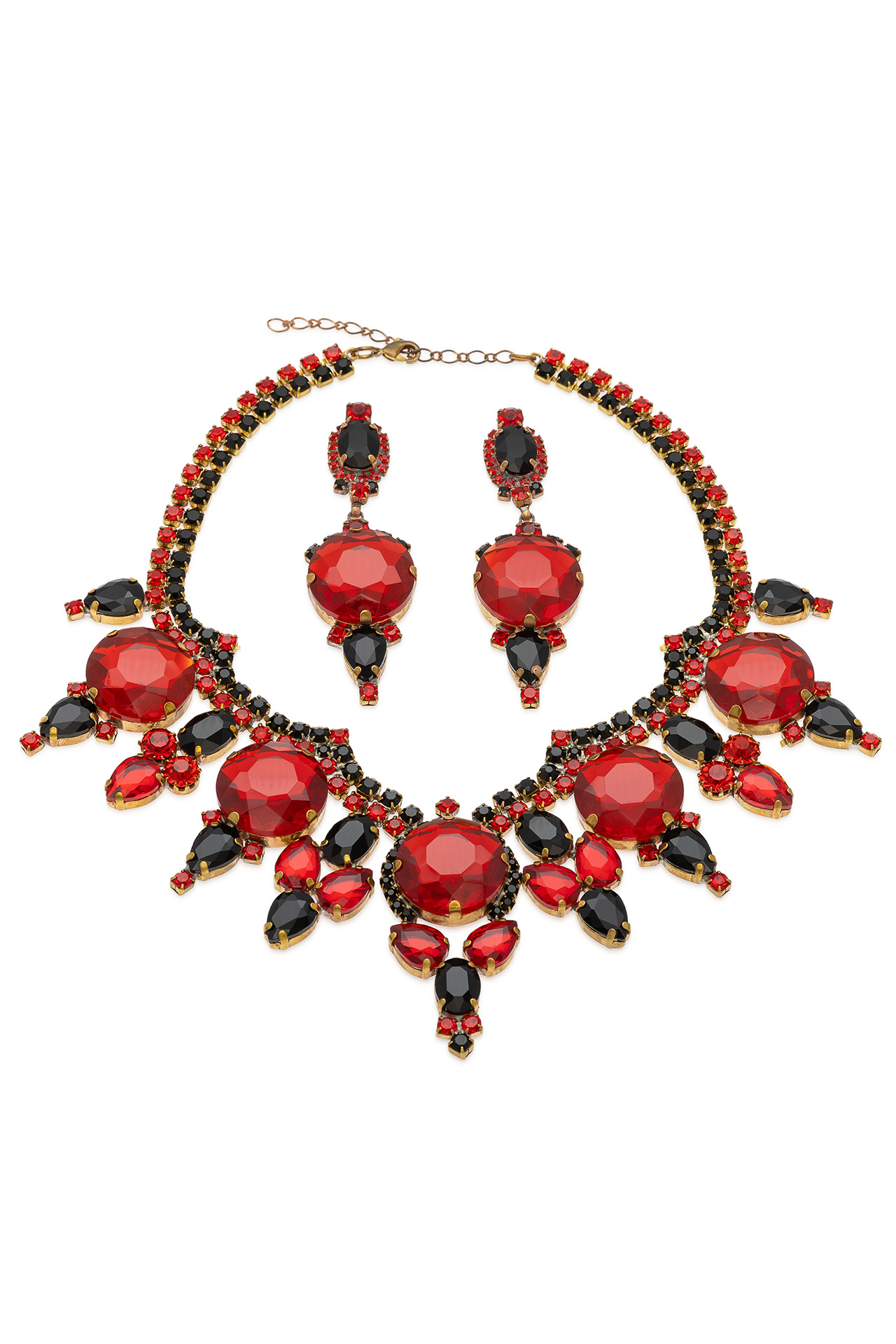Red and black rhinestone necklace and earrings with bold red crystals