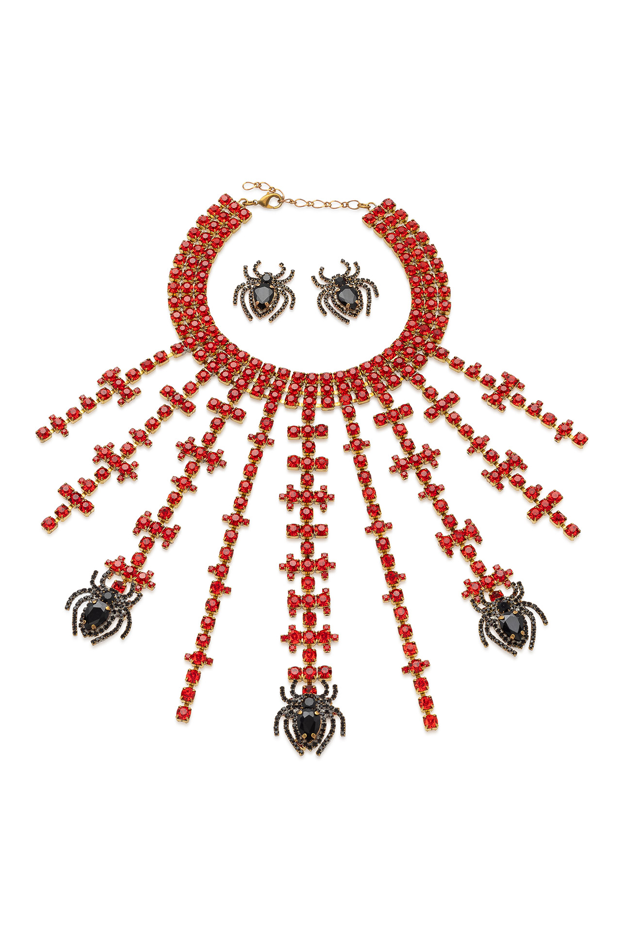 Red and black rhinestone necklace and earrings set Spider Queen