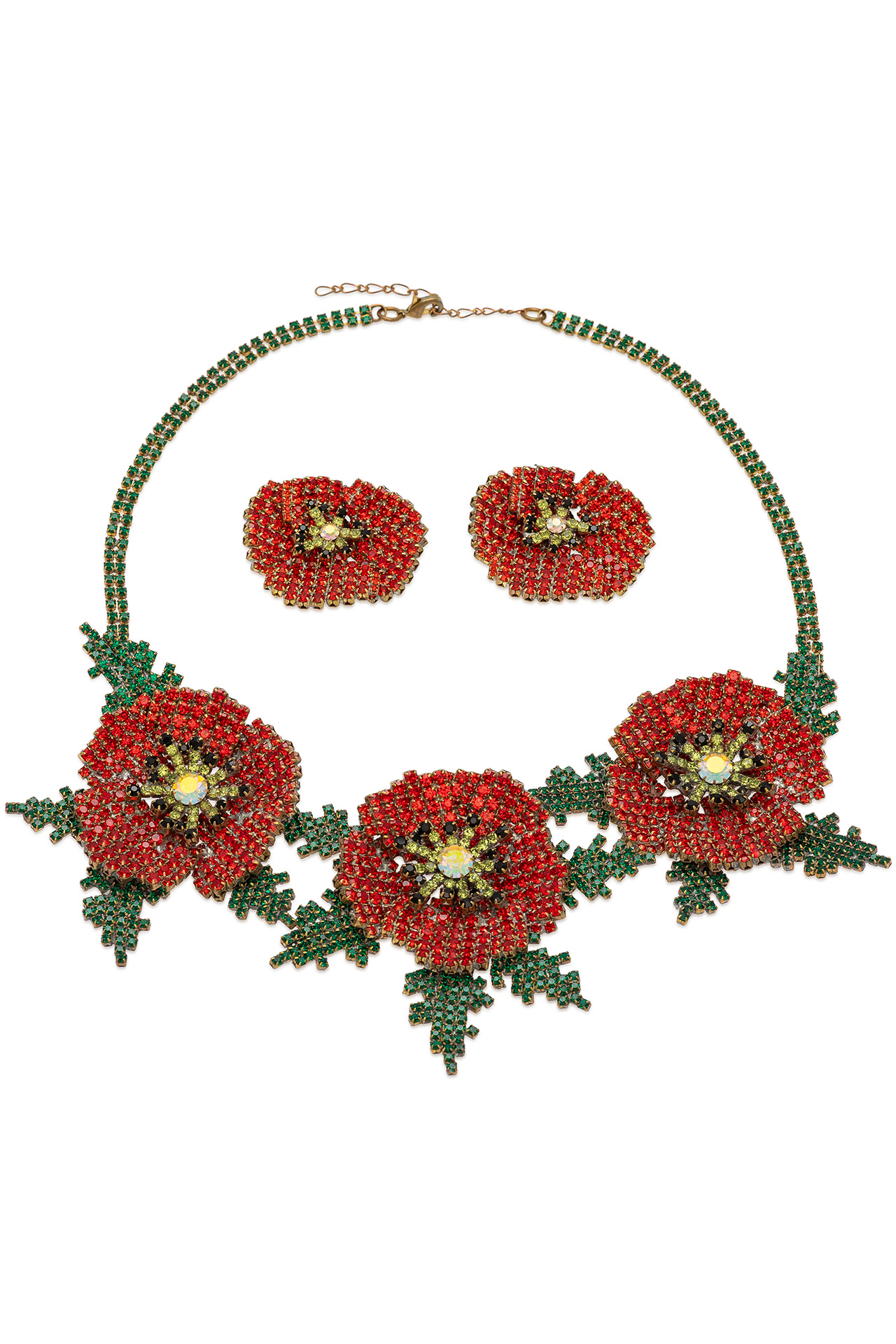 Rhinestone necklace and earrings in motief red poppy