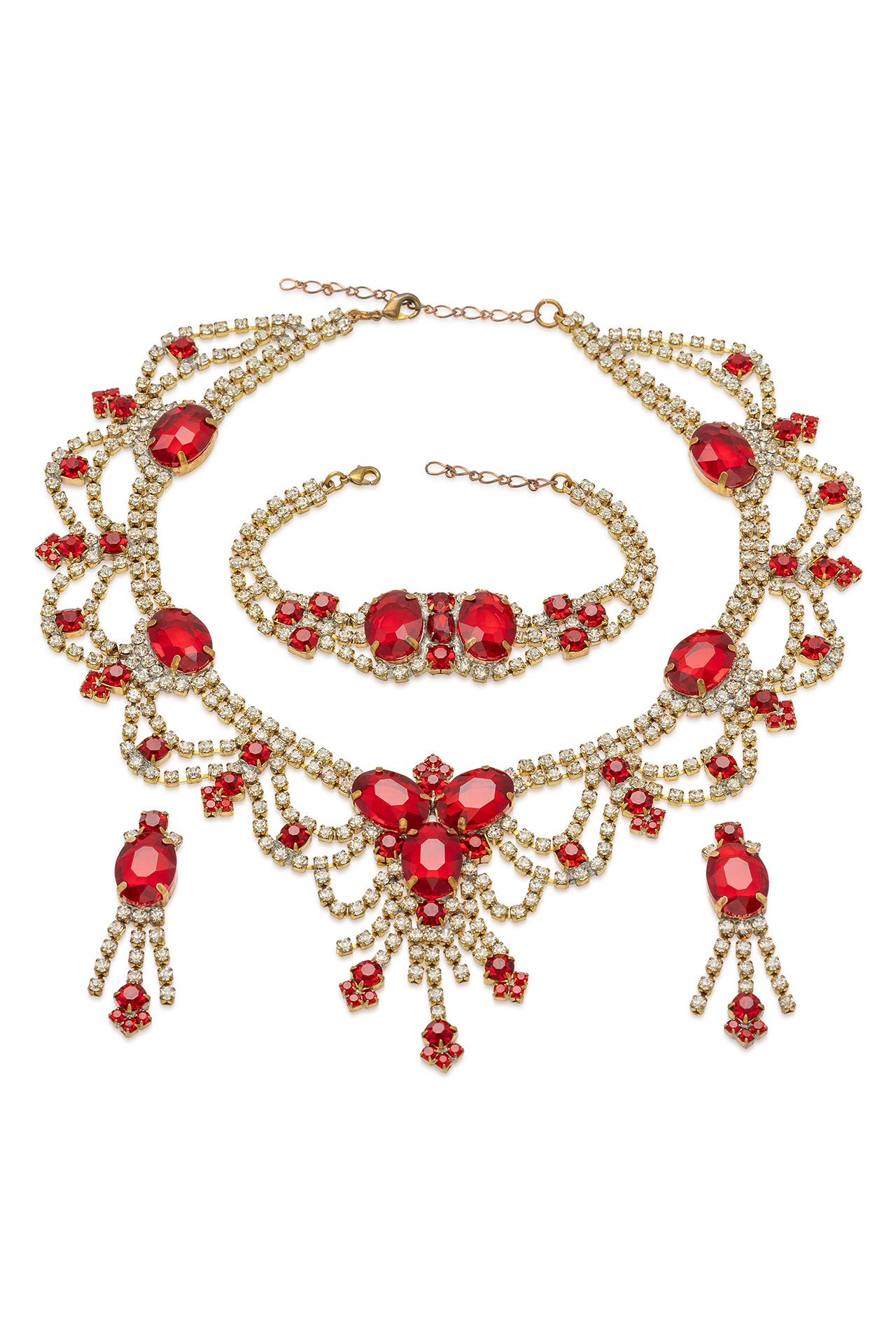 Red rhinestone jewelry set of necklace, earrings and brooch