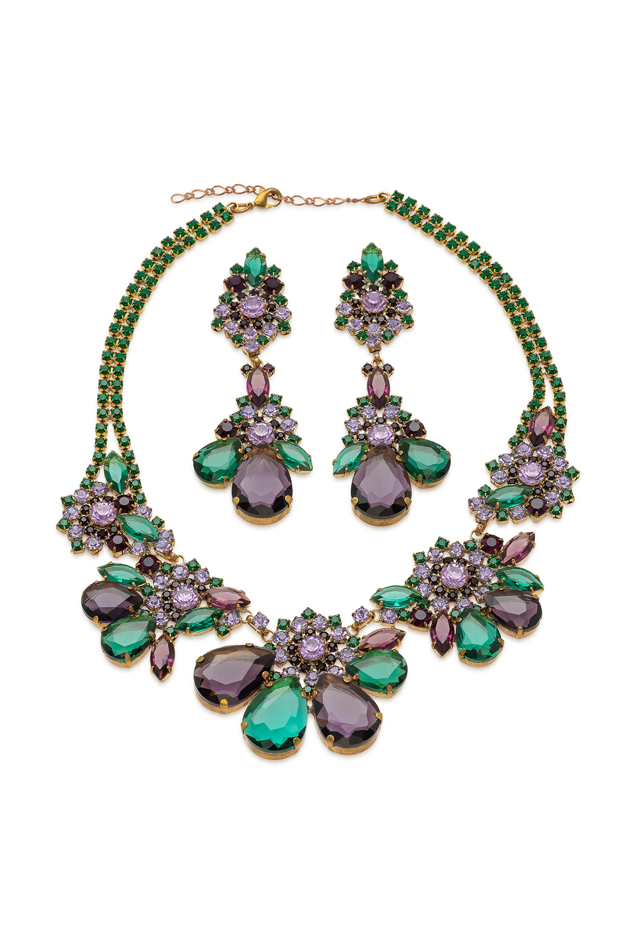 Rhinestone necklace and earrings with green and purple crystals