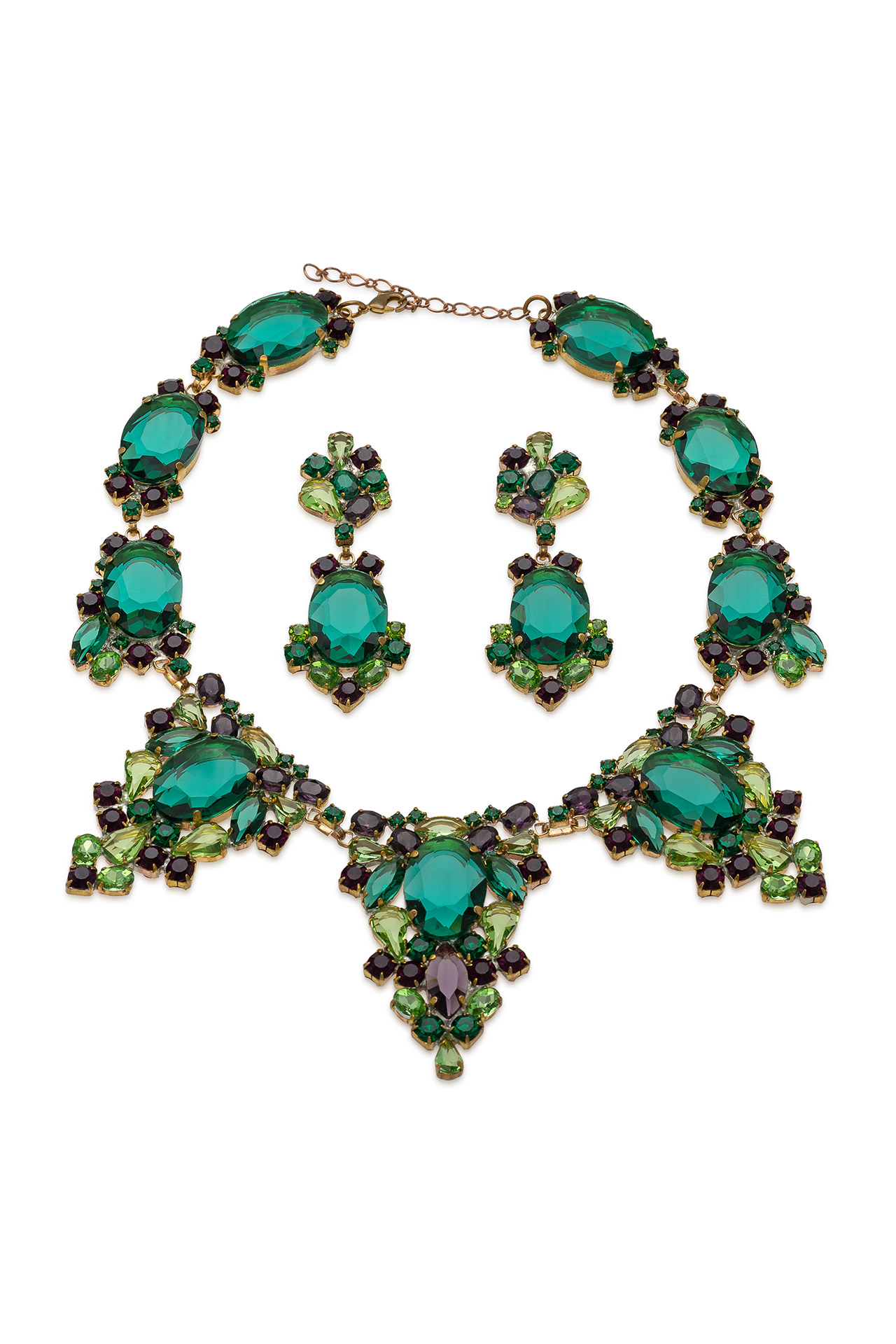Rhinestone necklace and earrings with rich green and purple accents