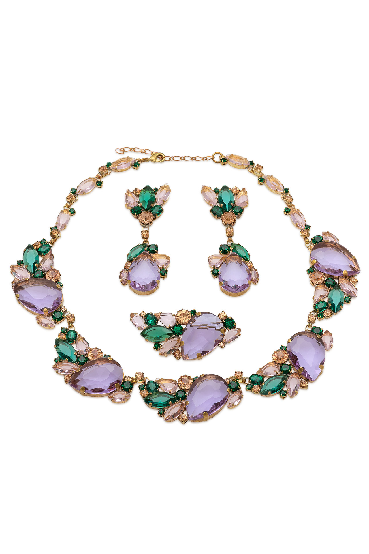 Rhinestone necklace and earrings with leaf and budding flower motif