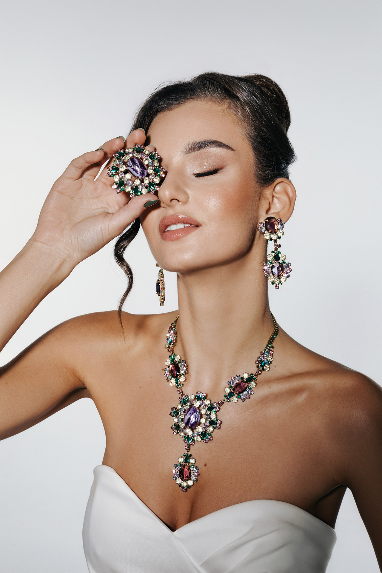 Floral rhinestone necklace and earrings with green and pink crystals