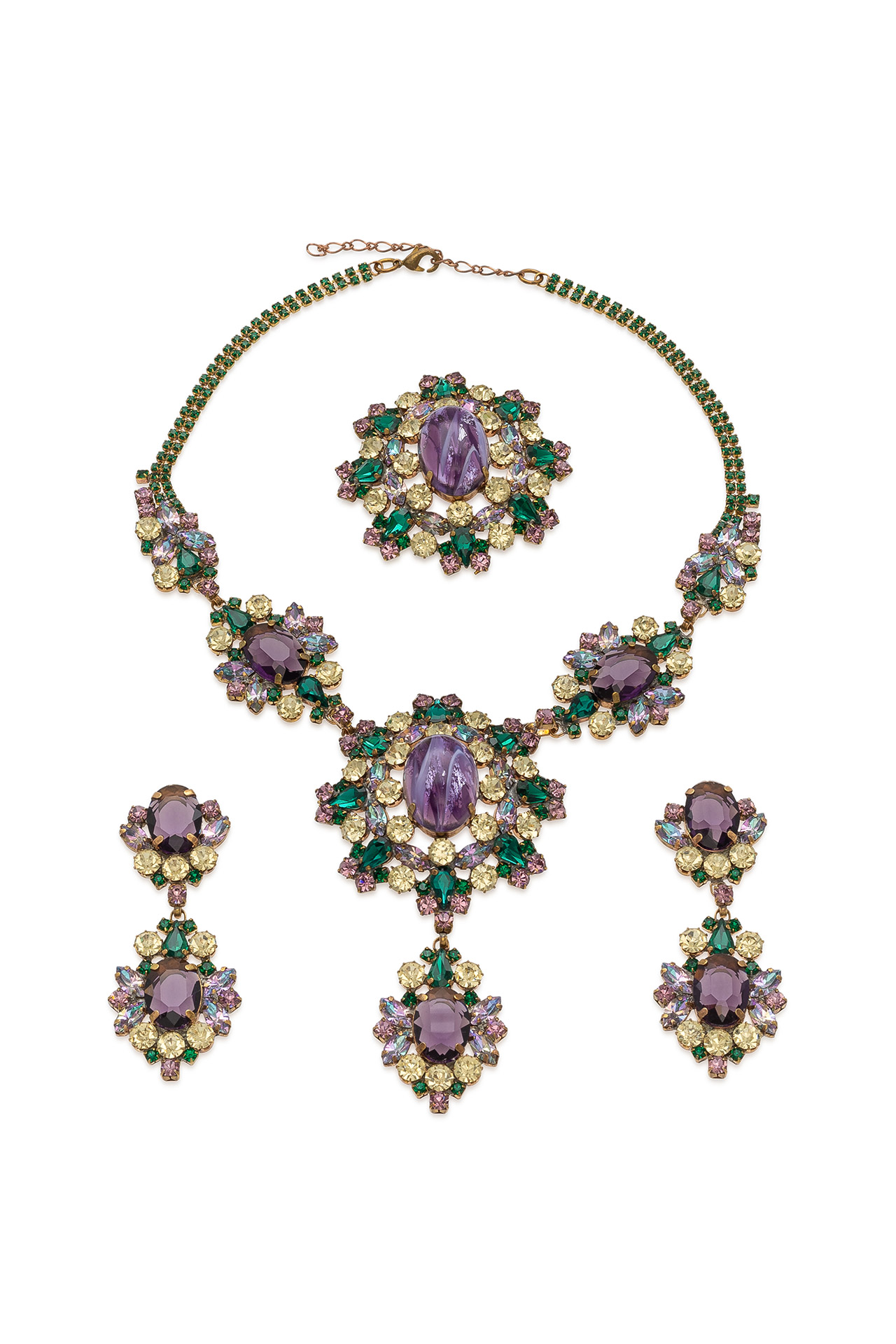 Floral rhinestone necklace and earrings with green and pink crystals