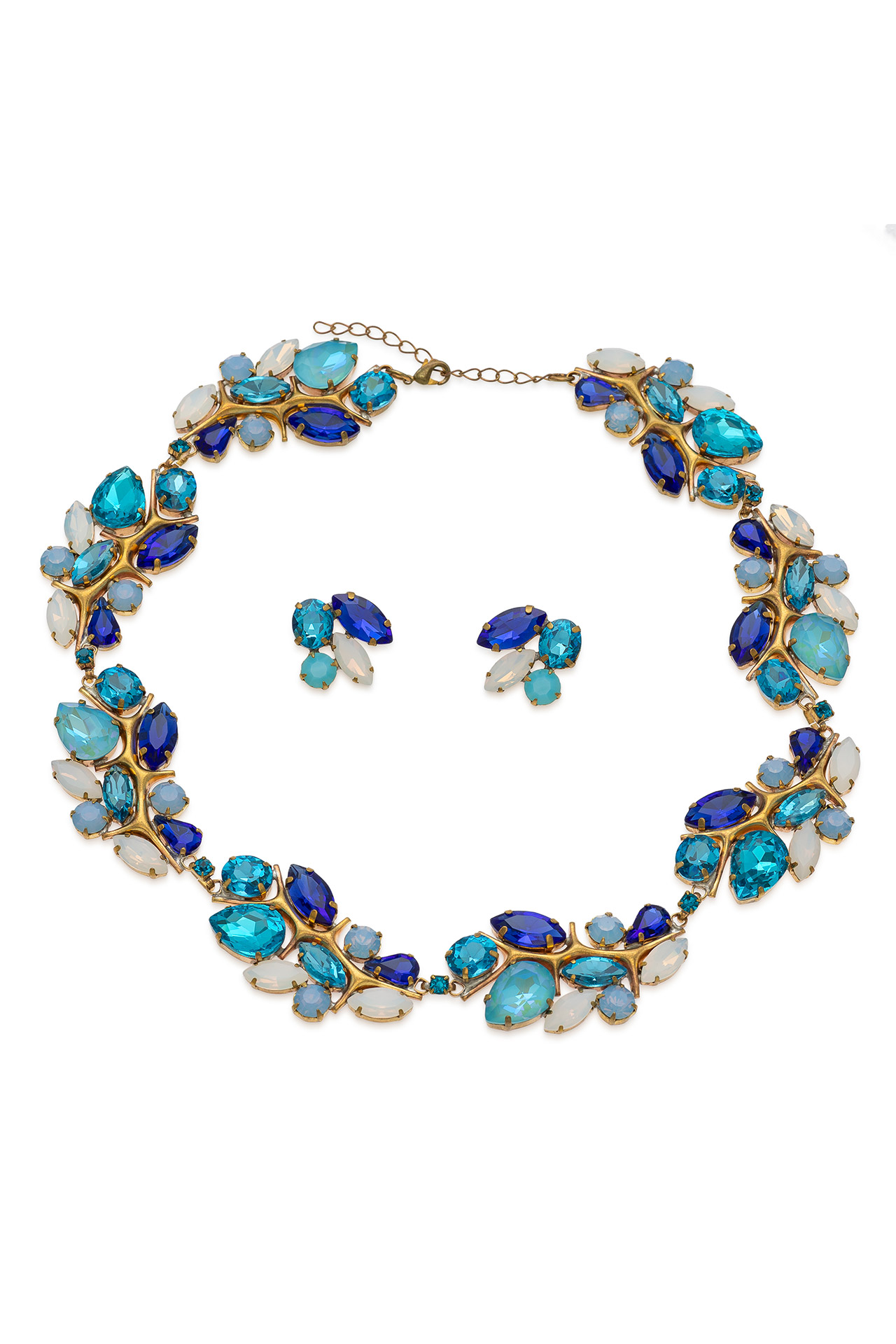 Blue rhinestone necklace and earrings set with a branch-and-leaf motif