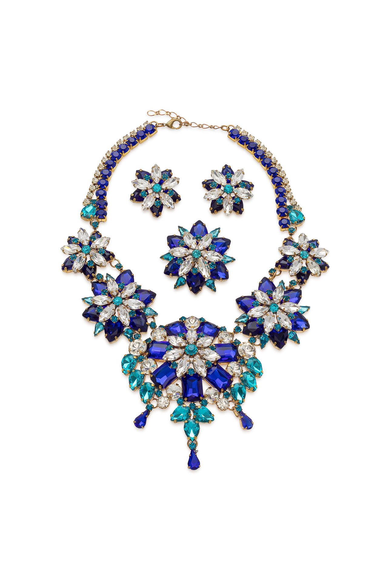 Blue rhinestone necklace and earrings in a floral garland style