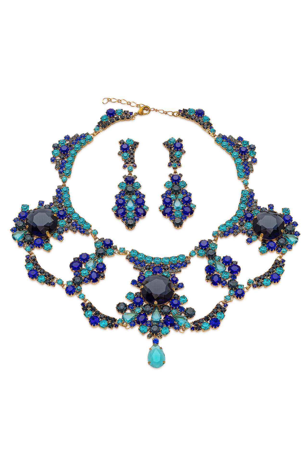 Costume jewelry necklace and earrings with blue rhinestones