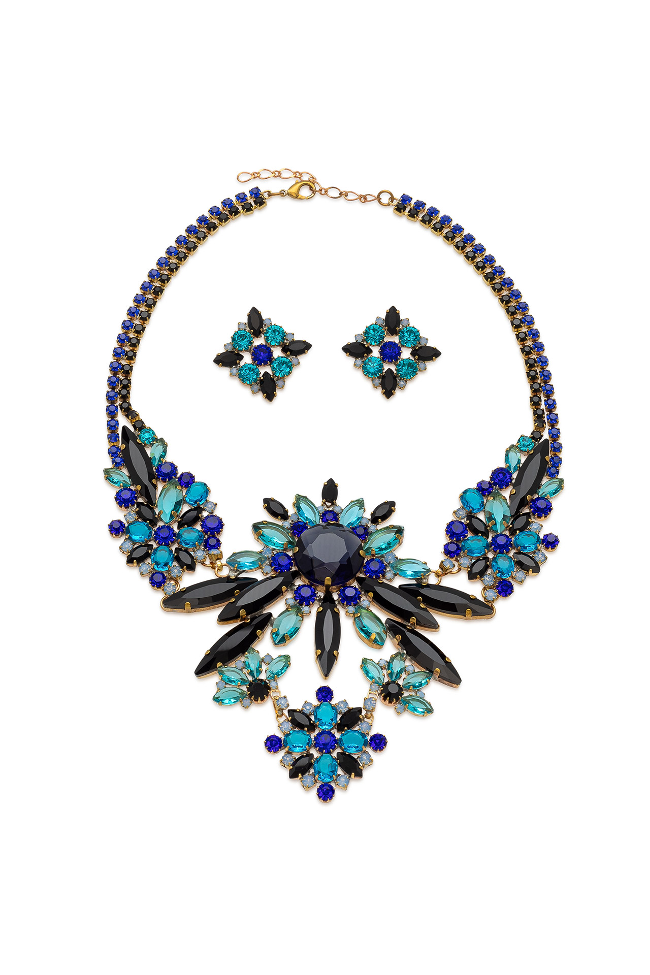 Blue and black rhinestone necklace and earrings set