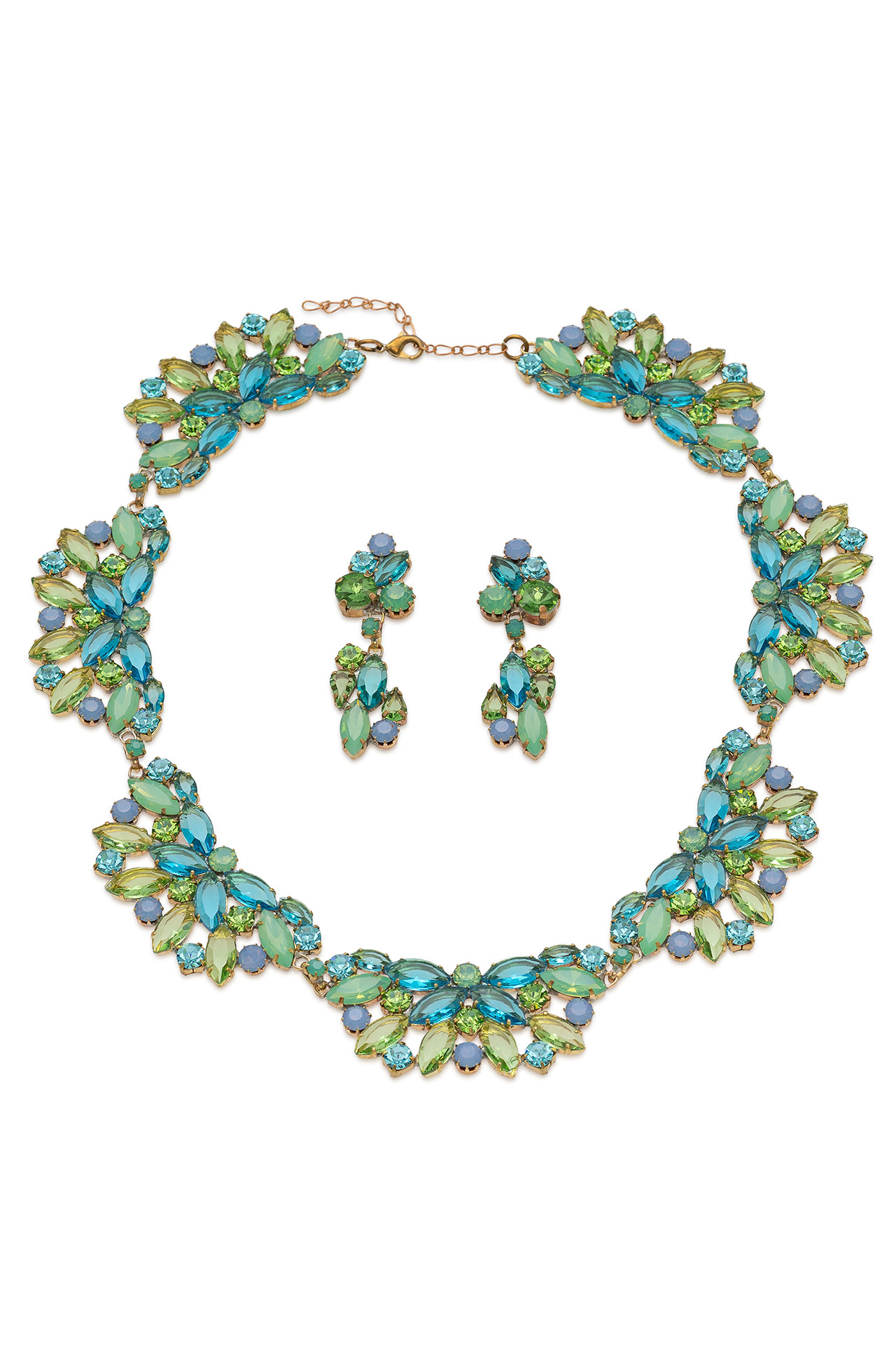 Rhinestone necklace and earrings set with small blue and green crystals