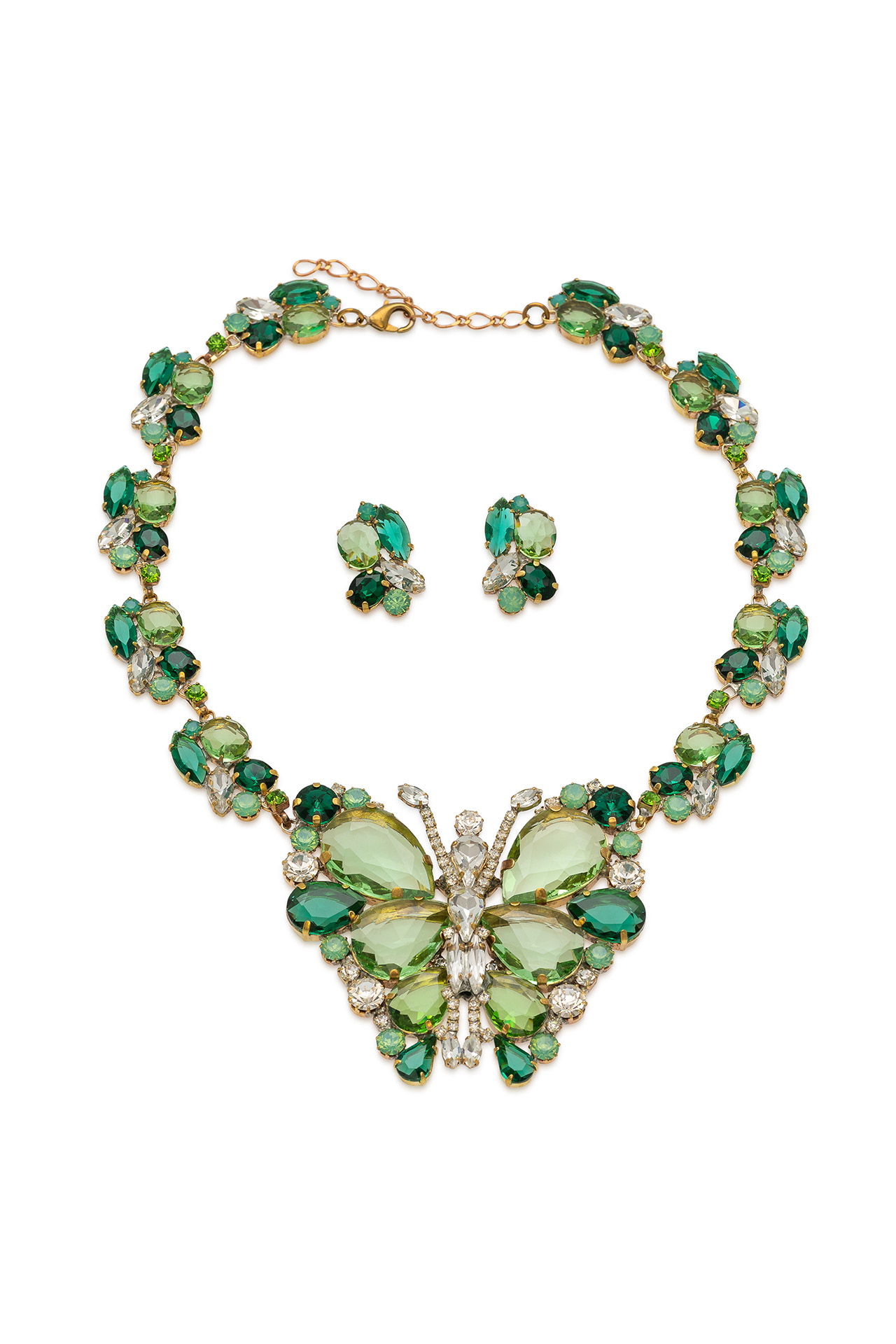 Rhinestone necklace and earrings set featuring a green crystal butterfly