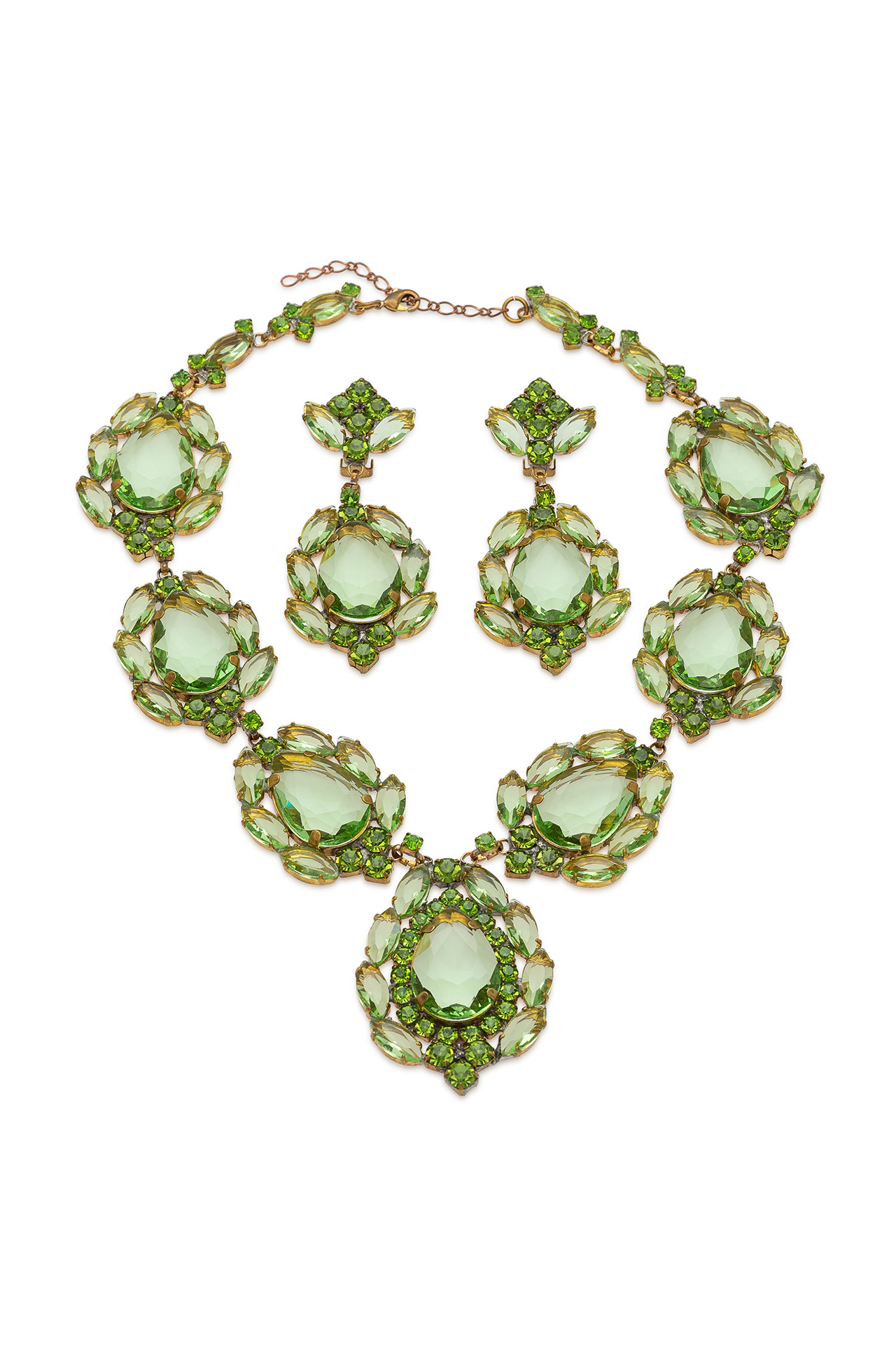 Green rhinestone necklace and earrings with oval crystals