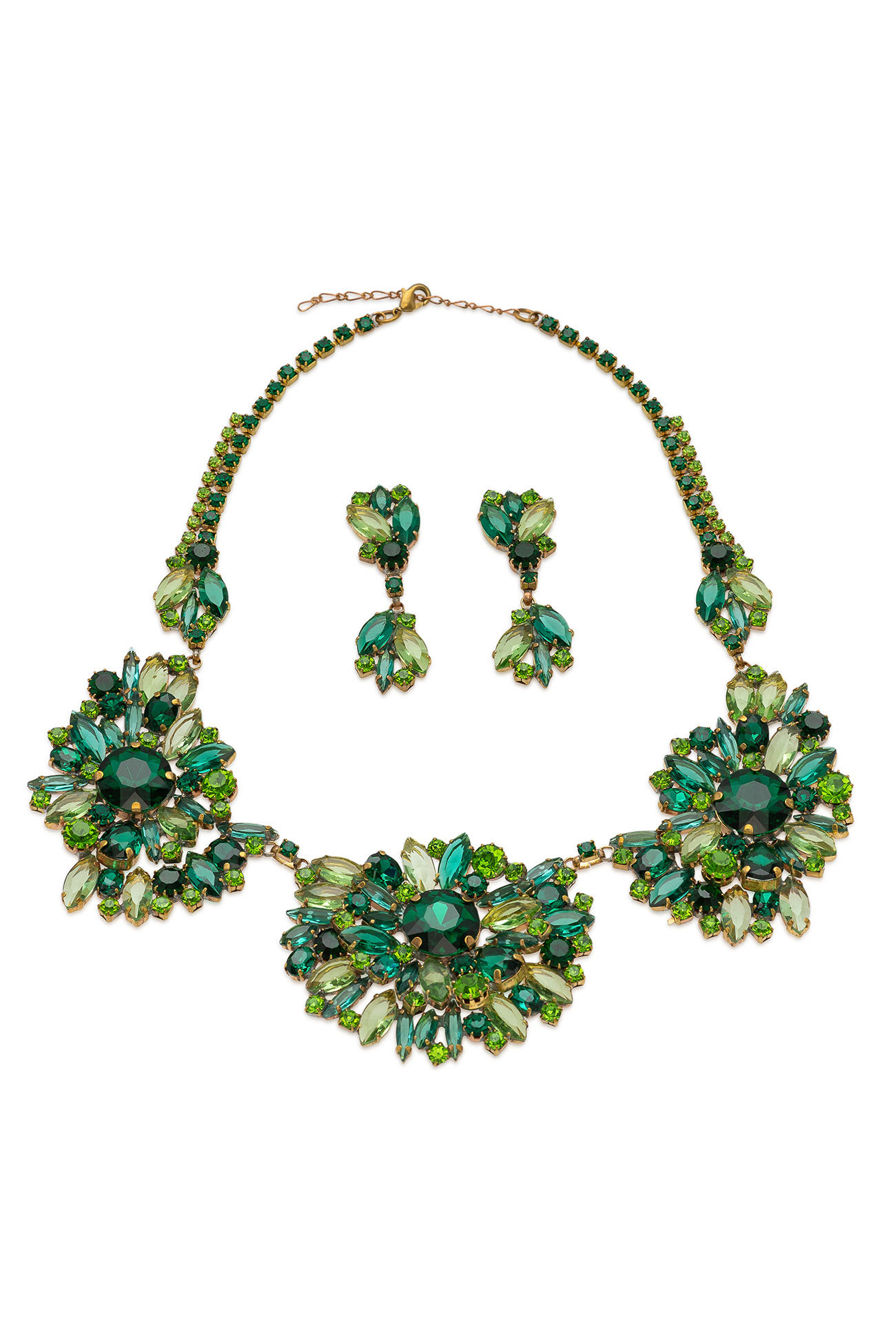 Green rhinestone necklace and earrings set with a flower motif