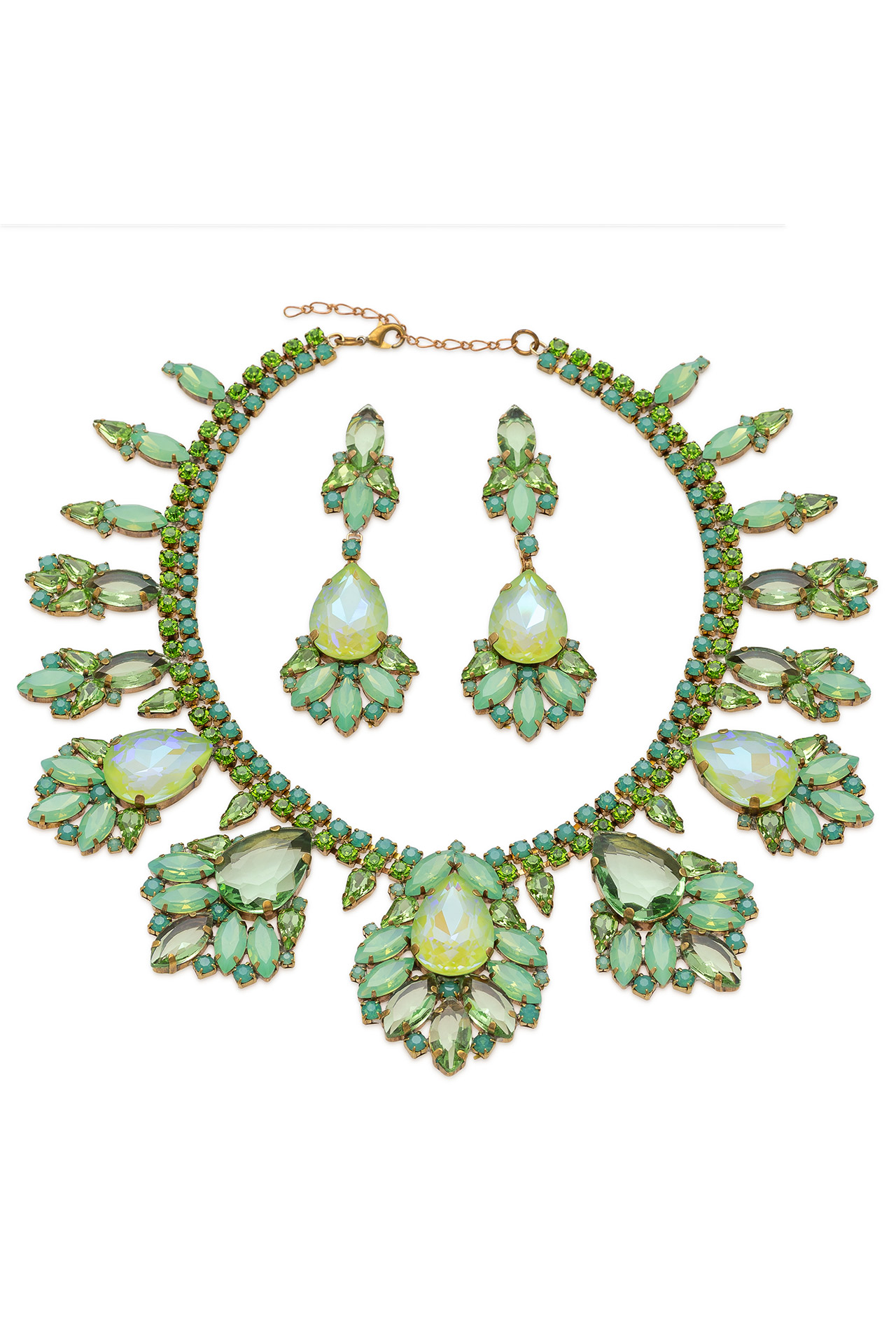 Rhinestone necklace and earrings with green oval crystals