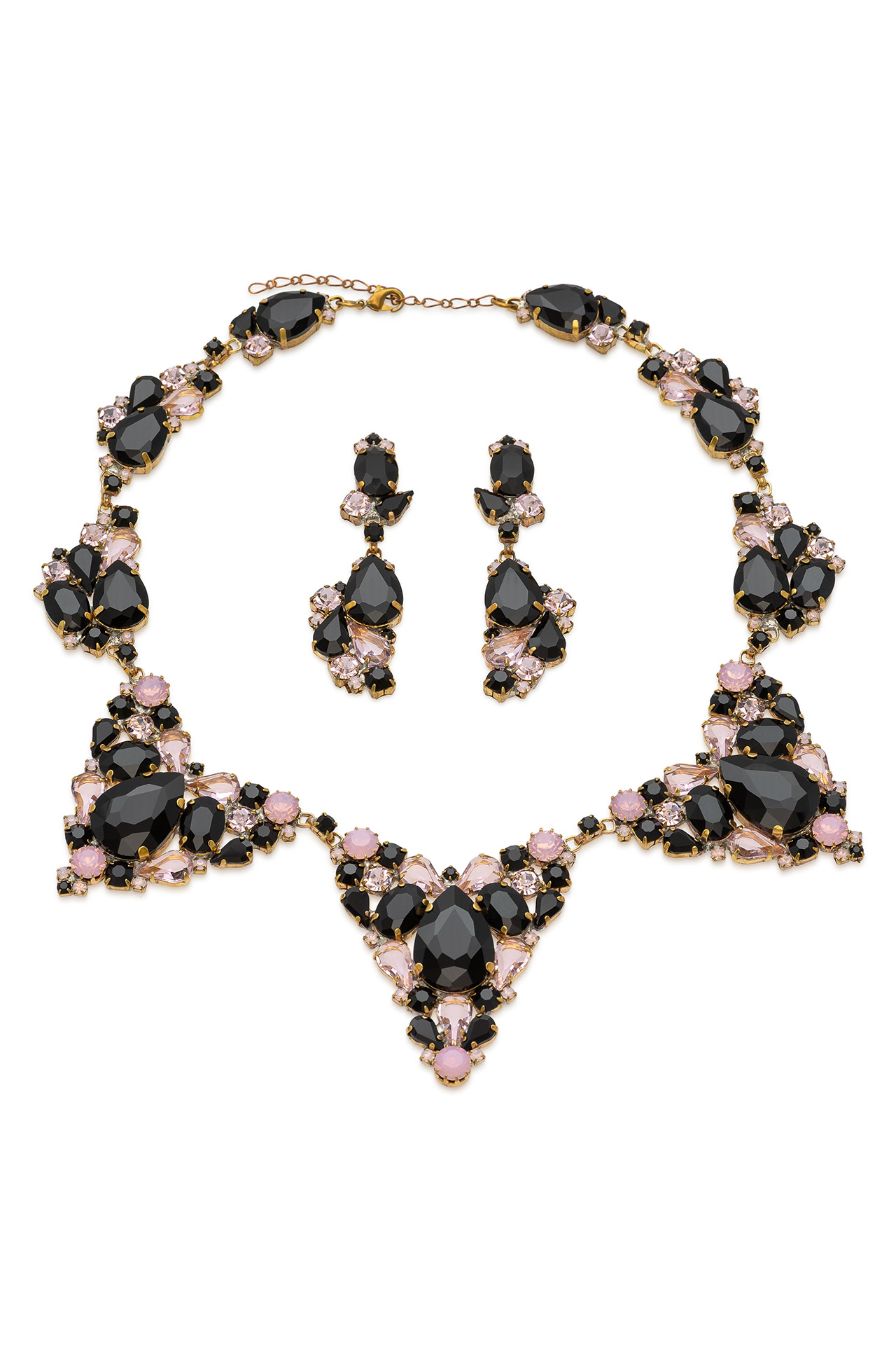 Rhinestone jewelry set with cascading black and pink crystals