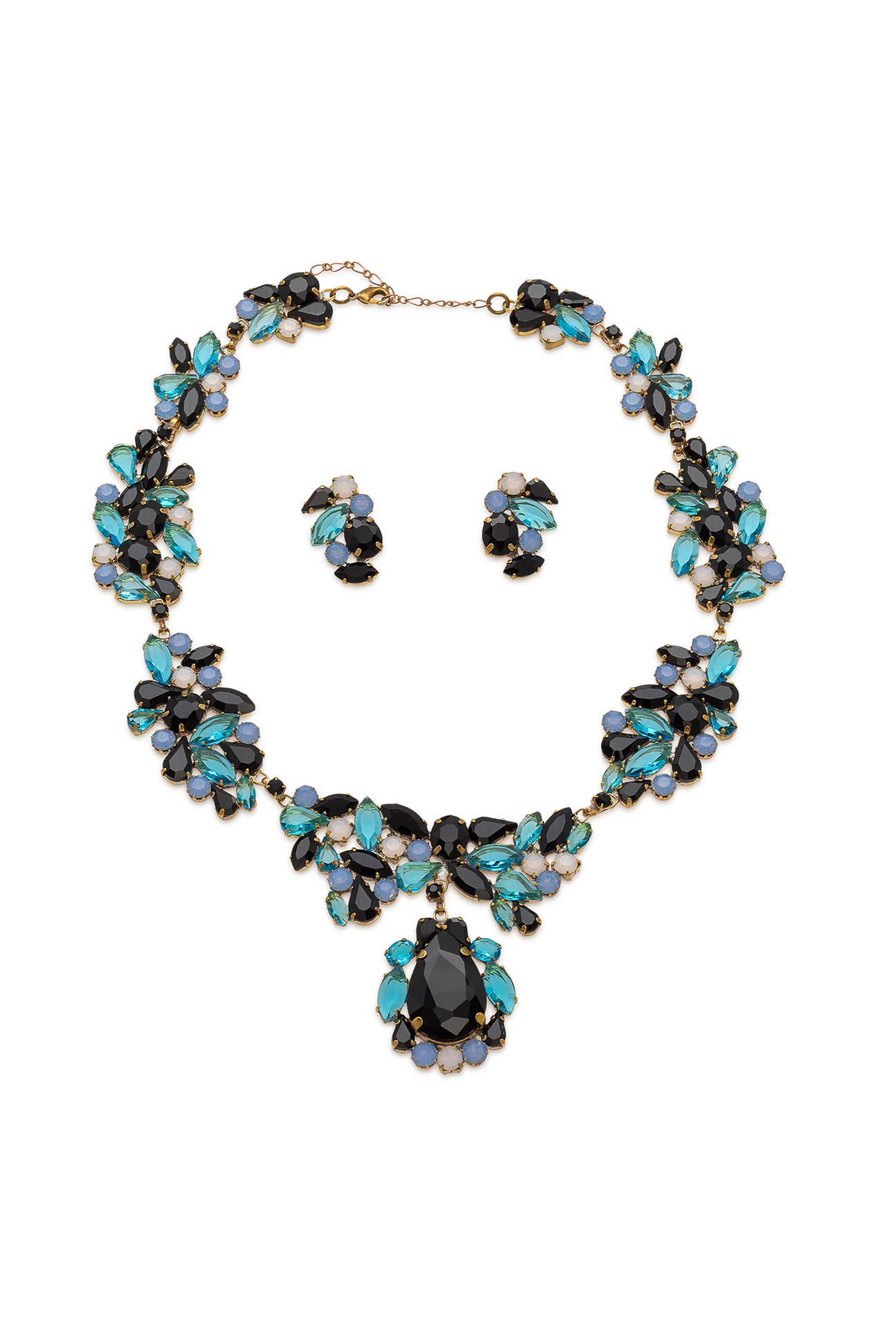 Rhinestone necklace and earrings with a bold black central stone