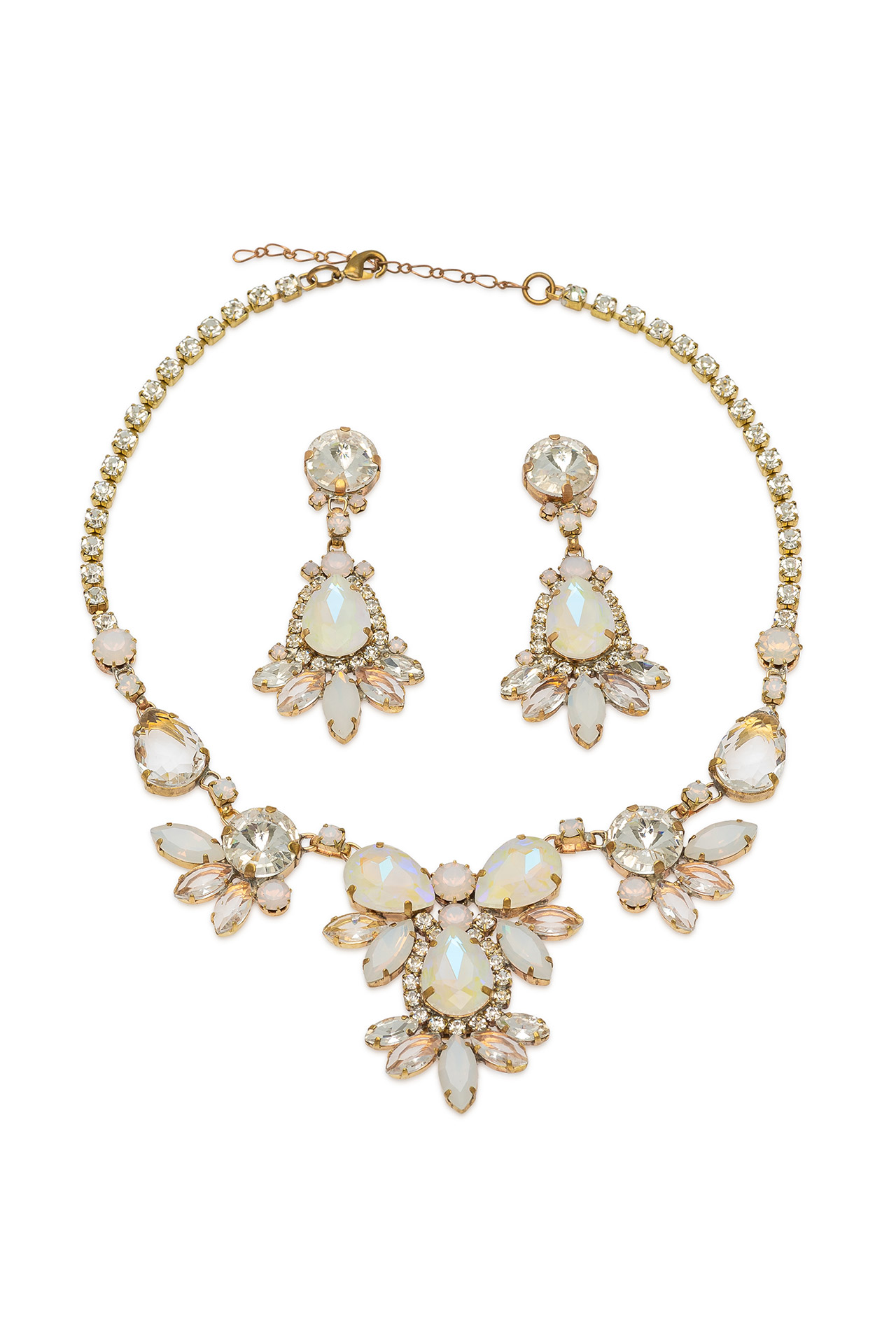 Necklace and earrings with opal-toned crystals in teardrop and round shapes