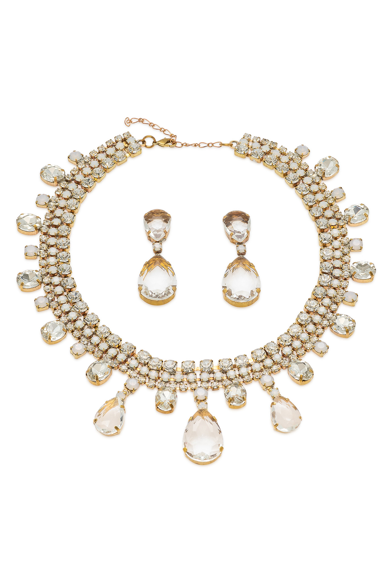 Necklace and earrings with teardrop and clear crystals, accented with white opal