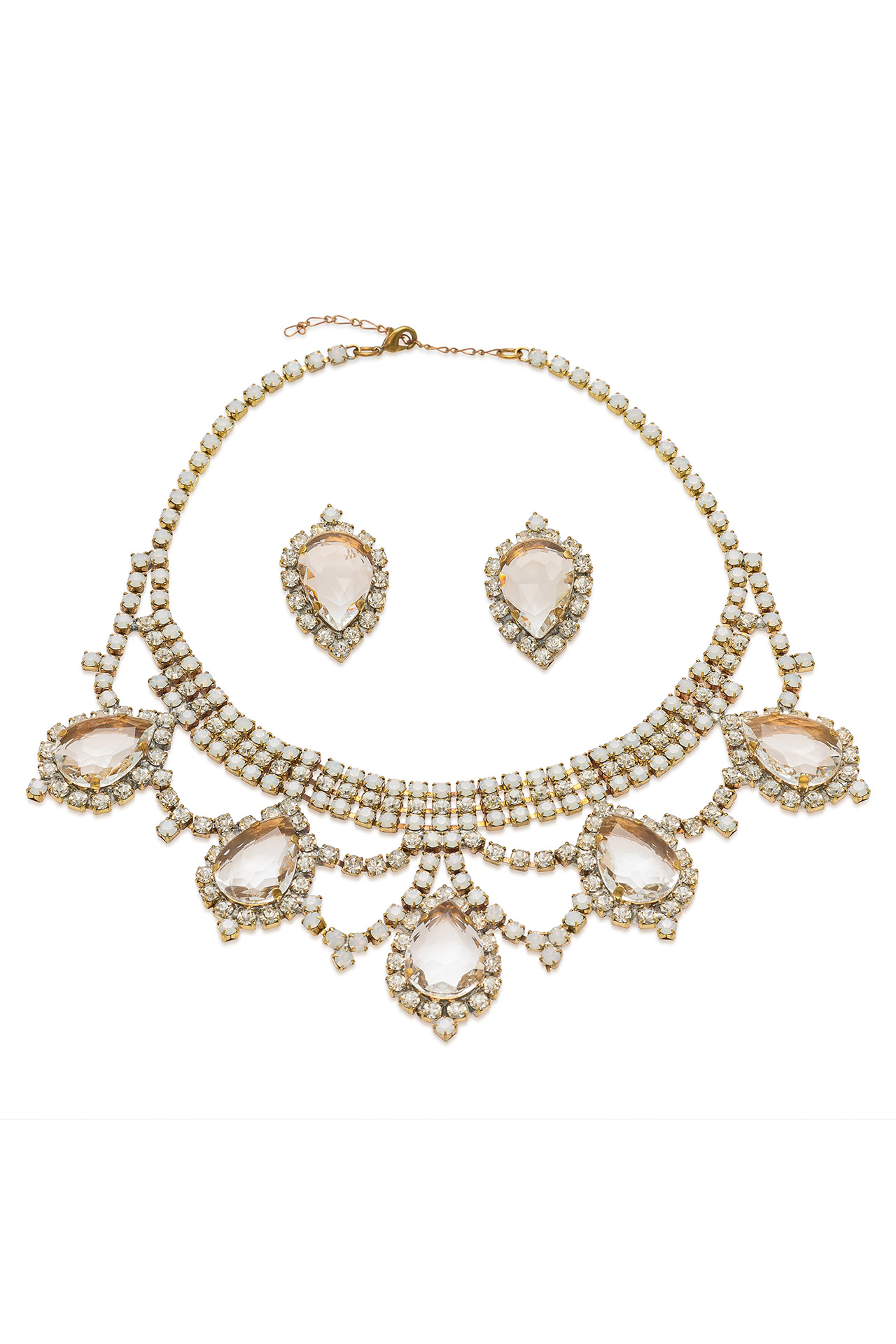 Rhinestone necklace and earrings with opal stones and fine chains