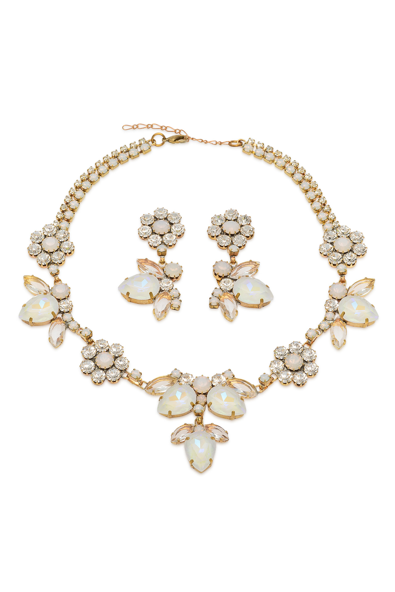 Necklace and earrings with clear rhinestones and white opals