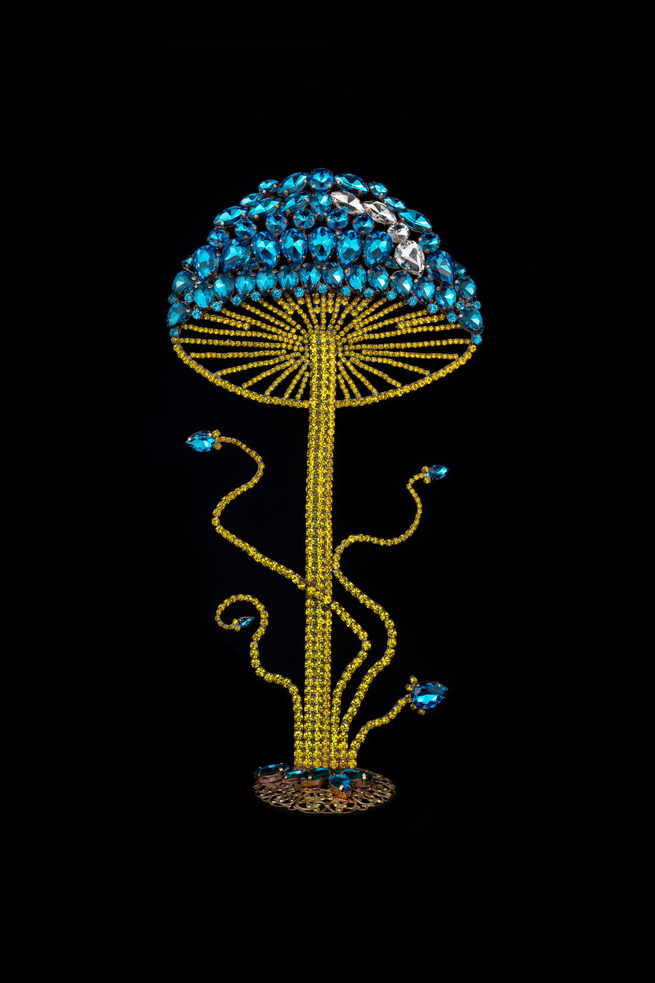 Exclusive gold and aqua mushroom decoration from rhinestones