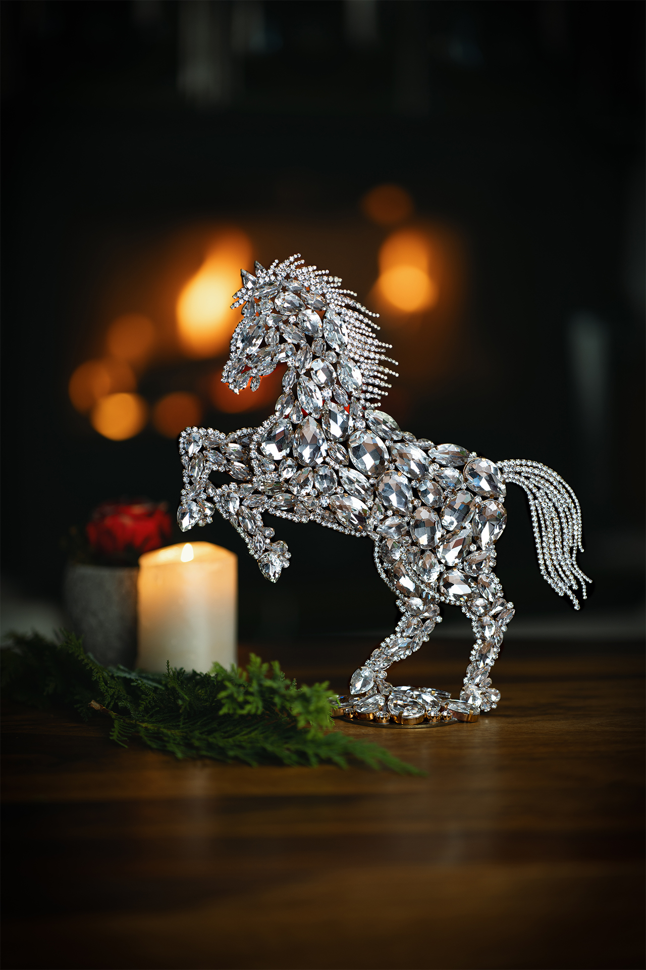 Handmade rhinestone crystal  horses decor statue facing left