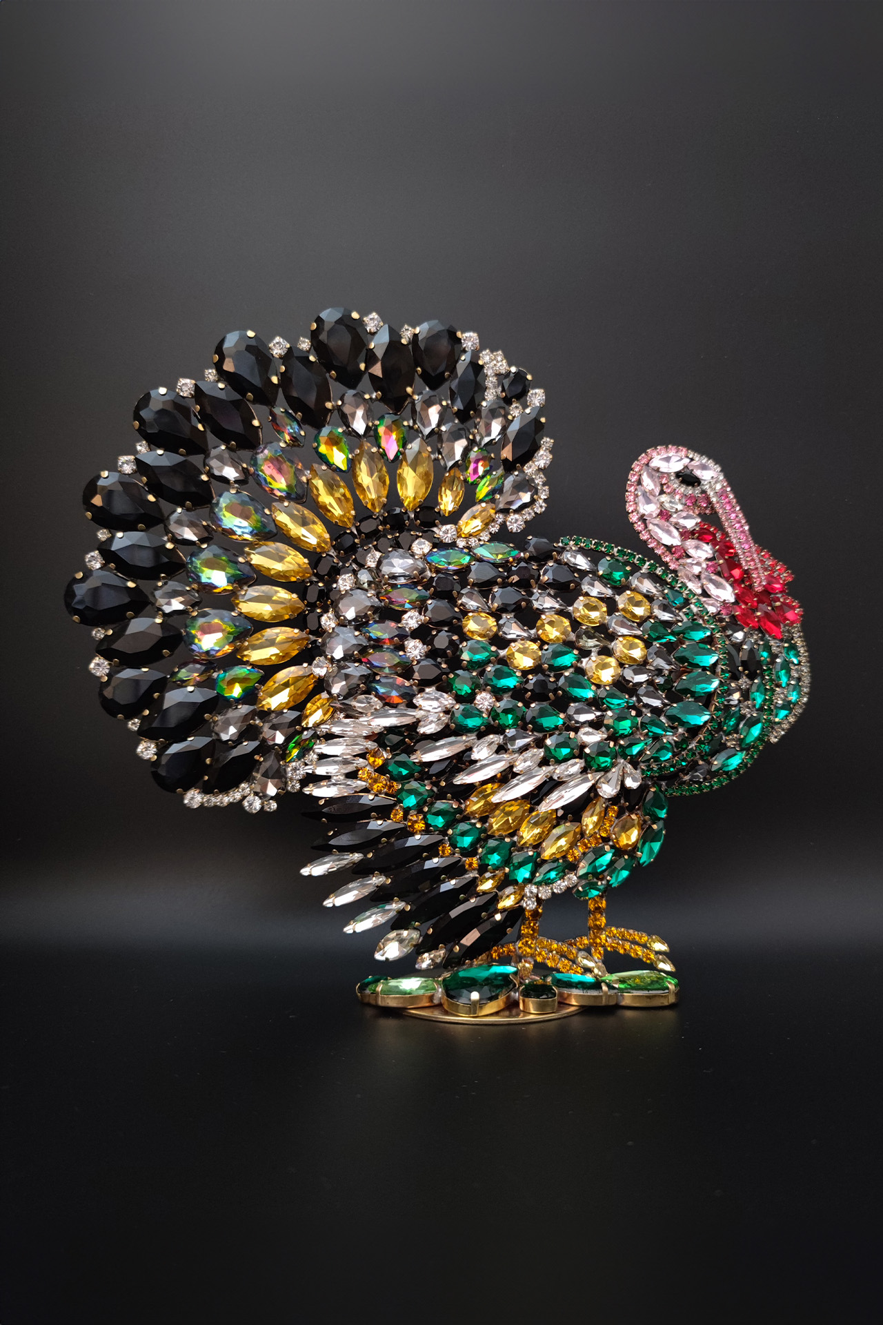 A luxurious, large turkey christmas decoration, crafted from coloured rhinestone crystals. 