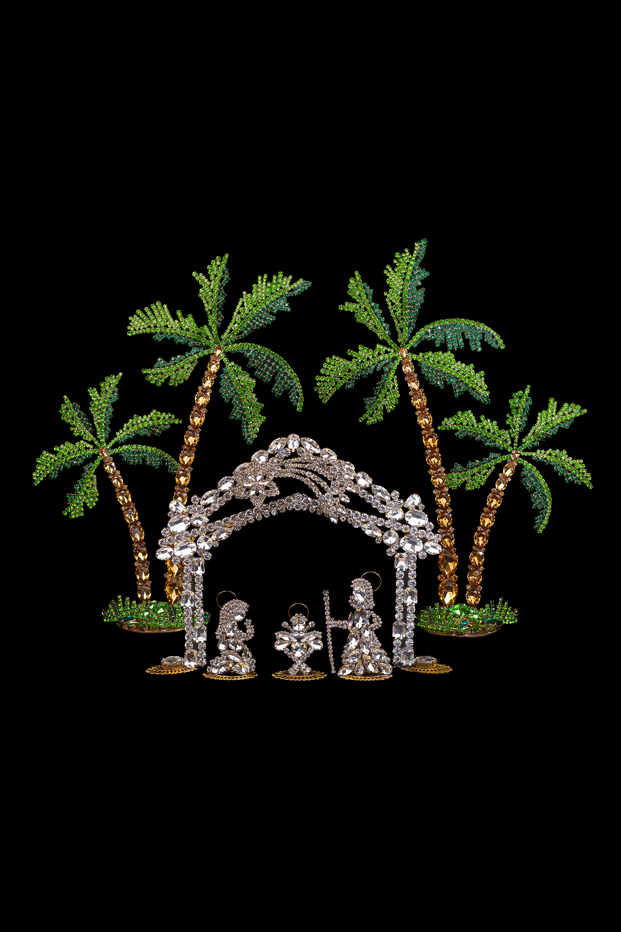 Rhinestones nativity scene with the Holy family and palm trees