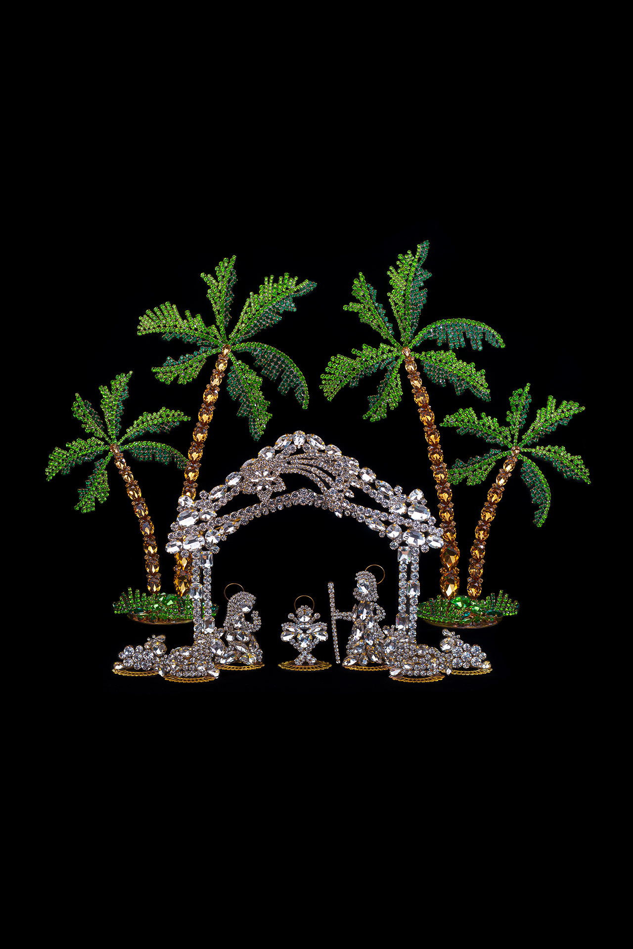 Rhinestones nativity scene with the Holy family, animals and palm trees