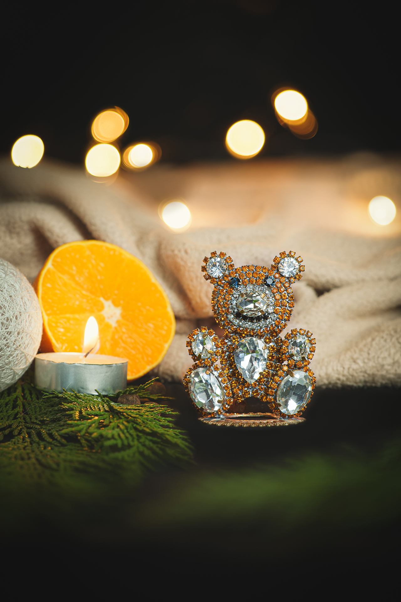 Rhinestone bear figurine made with brown and clear crystalsandcrafted decorative gingerbread man made of colored rhinestones
