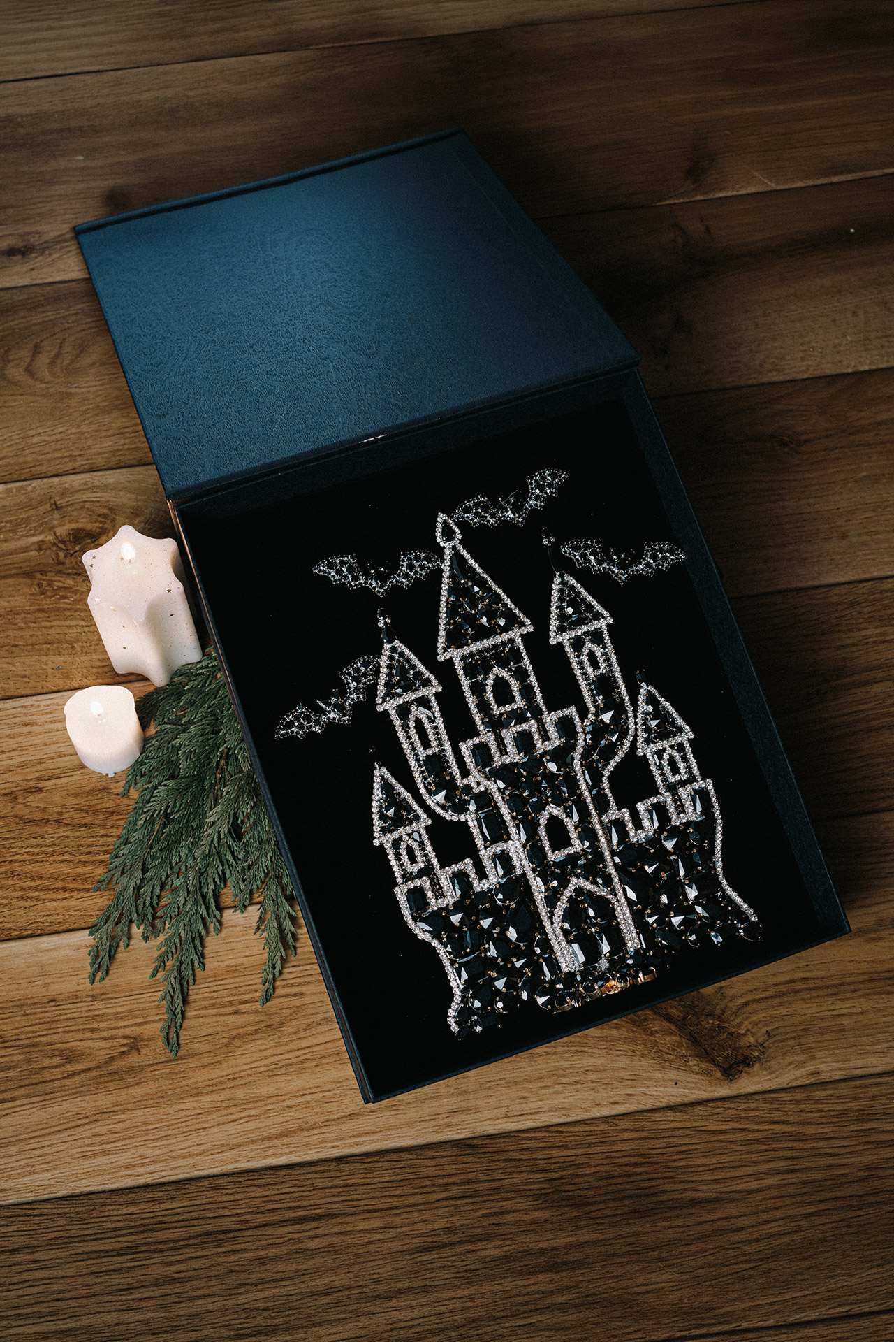 Medium rhinestone haunted castle with dark crystal sparkle