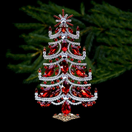 Bethlehem table top Christmas tree handcrafted  with clear and red rhinestones.