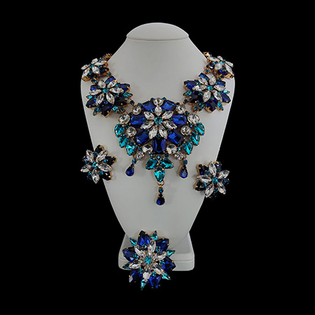 Blue crystals earrings, brooche and necklace set Blossom