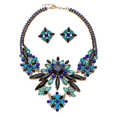 Blue and black rhinestone necklace and earrings set