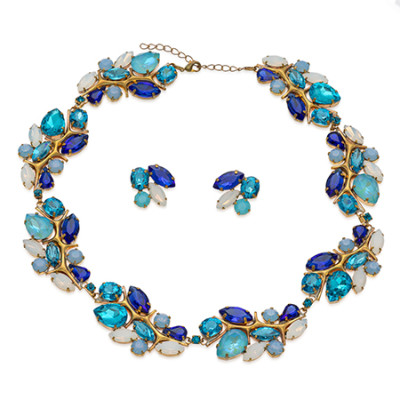 Blue rhinestone necklace and earrings set with a branch-and-leaf motif